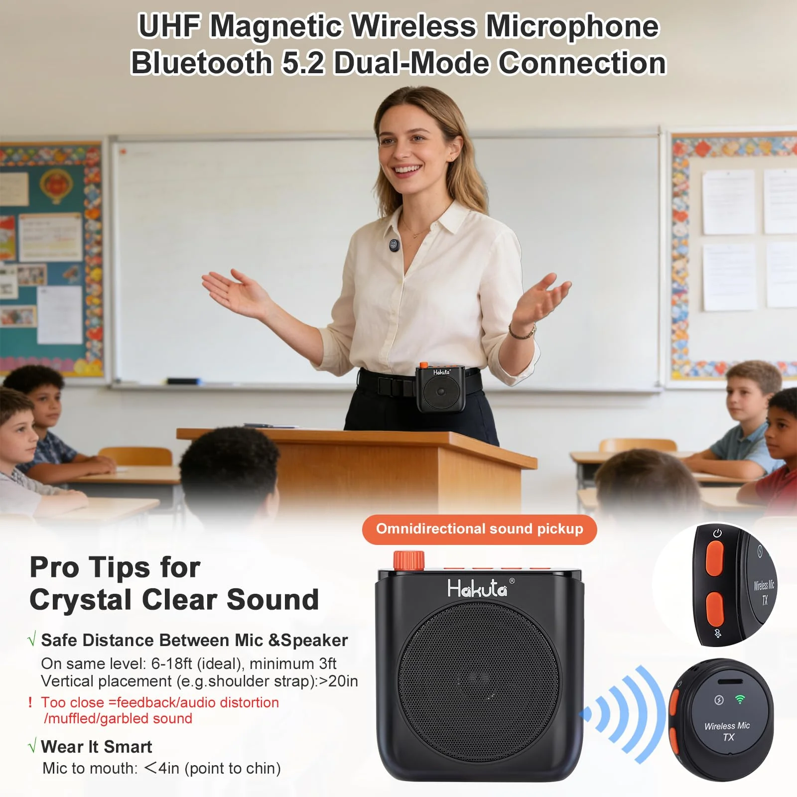 HAKUTA Voice Amplifier with Magnetic Wireless Lavalier Microphone, Portable Bluetooth Speaker for Teachers with 2 Mic, Rechargeable Voice Amplifier for Classroom/Meetings/Training/Outdoor - Image 3