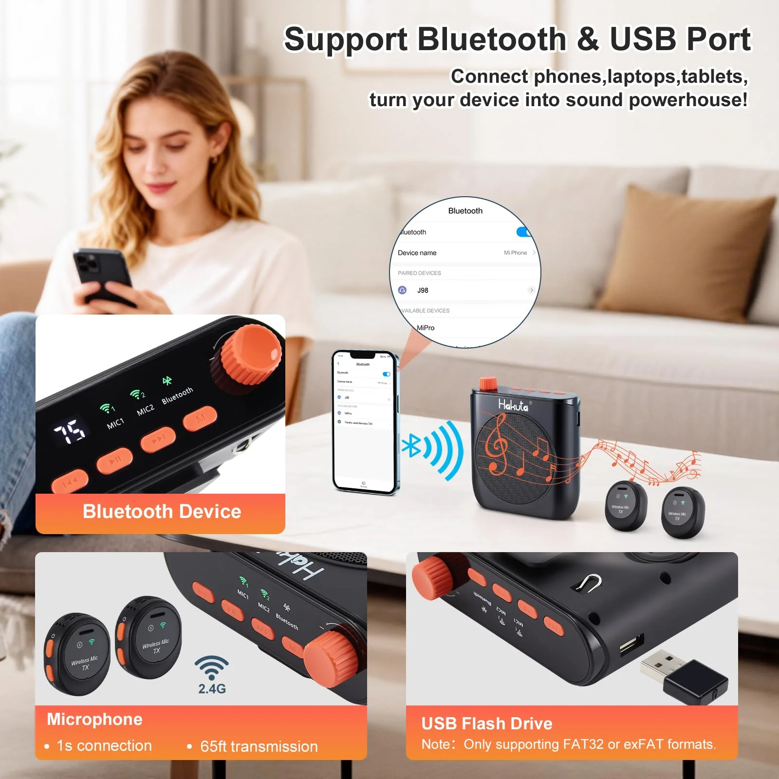 HAKUTA Voice Amplifier with Magnetic Wireless Lavalier Microphone, Portable Bluetooth Speaker for Teachers with 2 Mic, Rechargeable Voice Amplifier for Classroom/Meetings/Training/Outdoor - Image 6