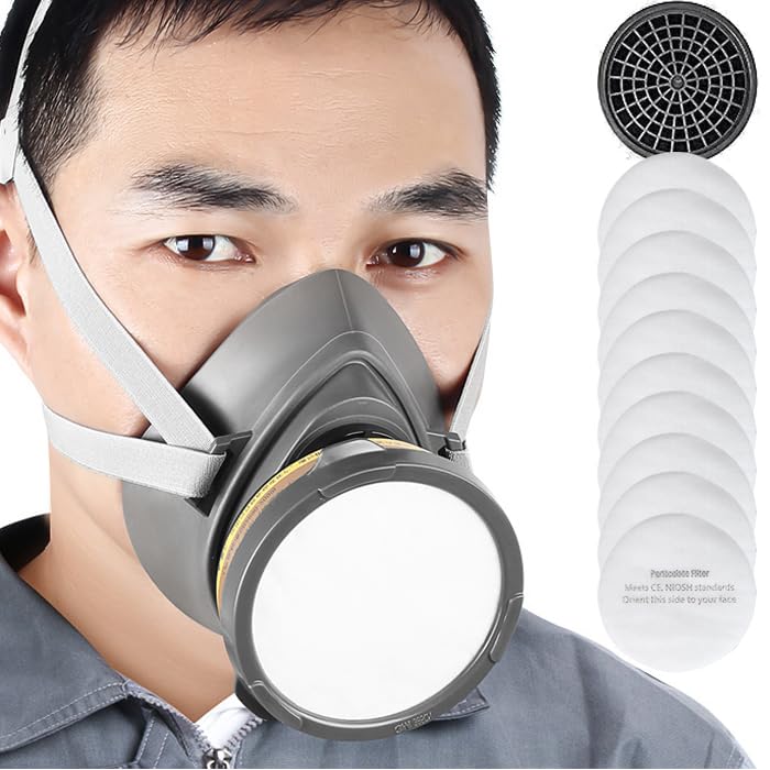 Half Face Dust Mask Set Filter for Vapours, Sand, Asbestos, Gas, Acid and Ammonia with Safety Glasses, Particulate Protection Filters, Painter, Masks and More Mini grey + 10 filter wadding - Image 2