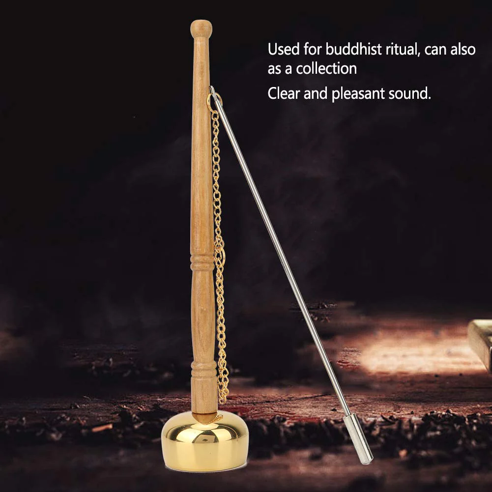 Hand Bell, Meditation Prayer Bells Buddhism Wooden Handle Brass Hand Bell Singing Scripture Implement Buddhist Supplies - Image 3