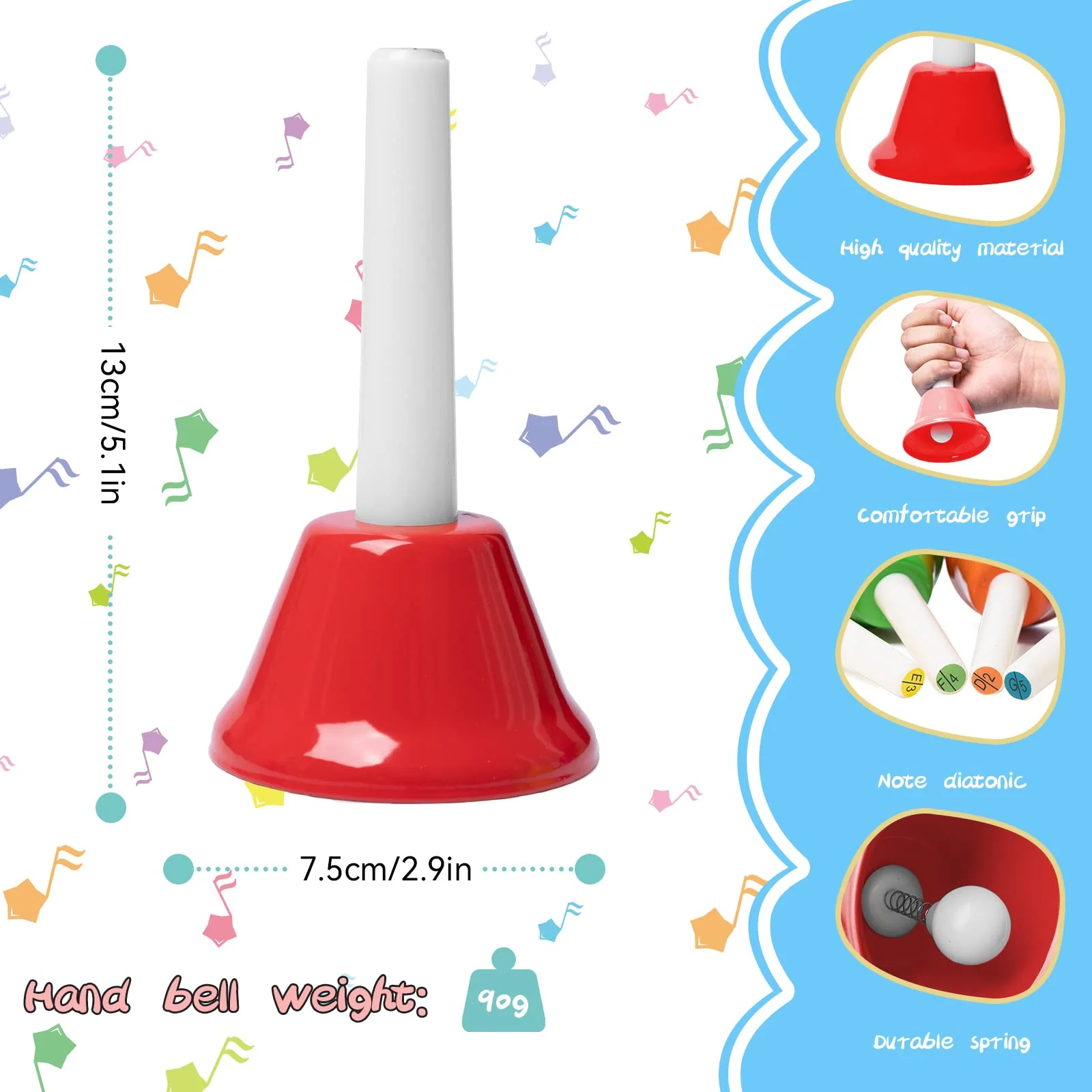 Hand Bells, 8 Note Musical Handbells Set with 17 Songbook Musical Toy Percussion Instrument for Toddlers Children Kids for Children's Day Family Activity School and Church (Upgraded Edition) - Image 3
