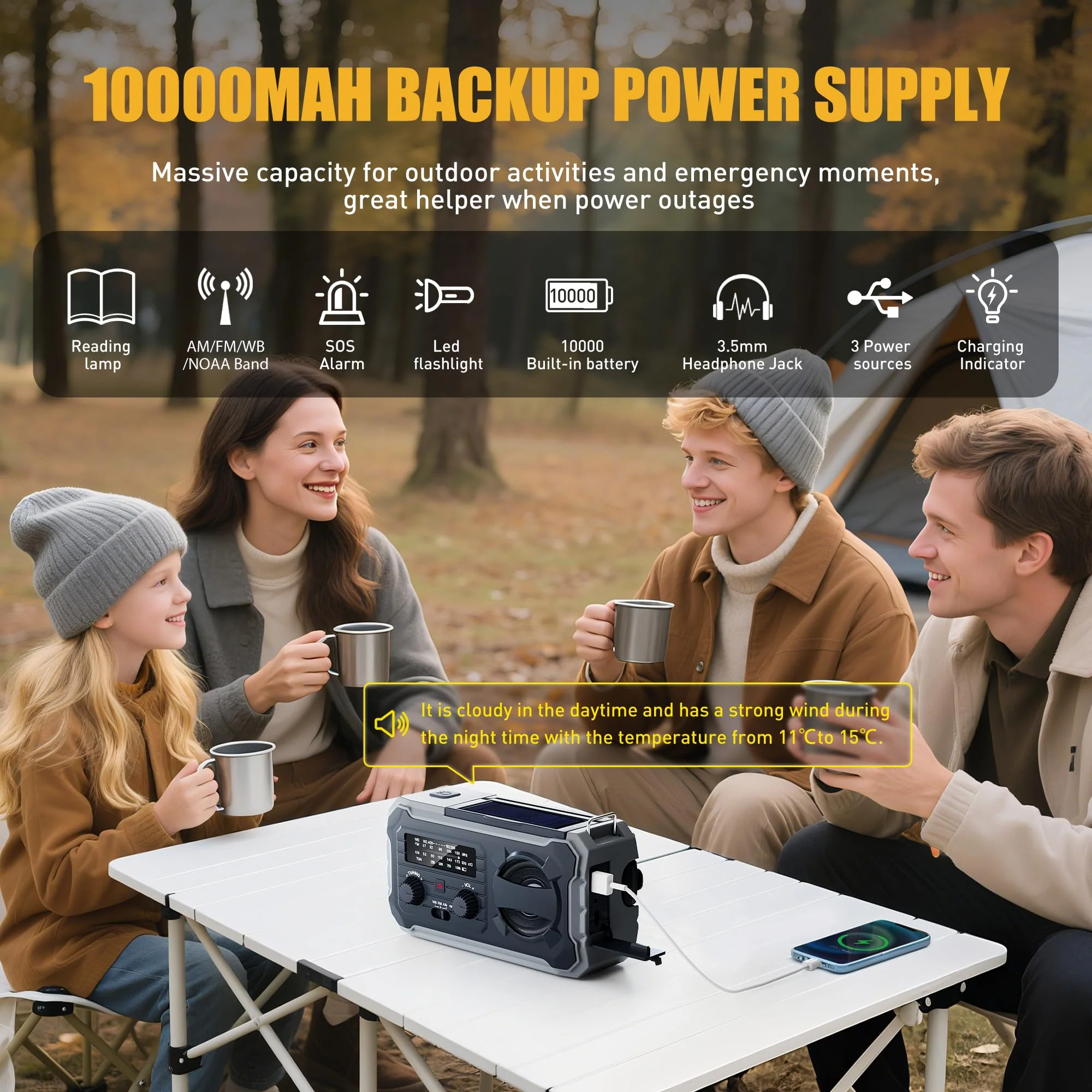 Hand Crank Emergency Radio, 10000mAh Weather Radio with AM/FM/NOAA, Solar Prower, SOS Alarm, Phone Charging, LED Flashlight, Portable Survival Gear for Outdoor & Home Emergencies Kits, Grey - Image 2