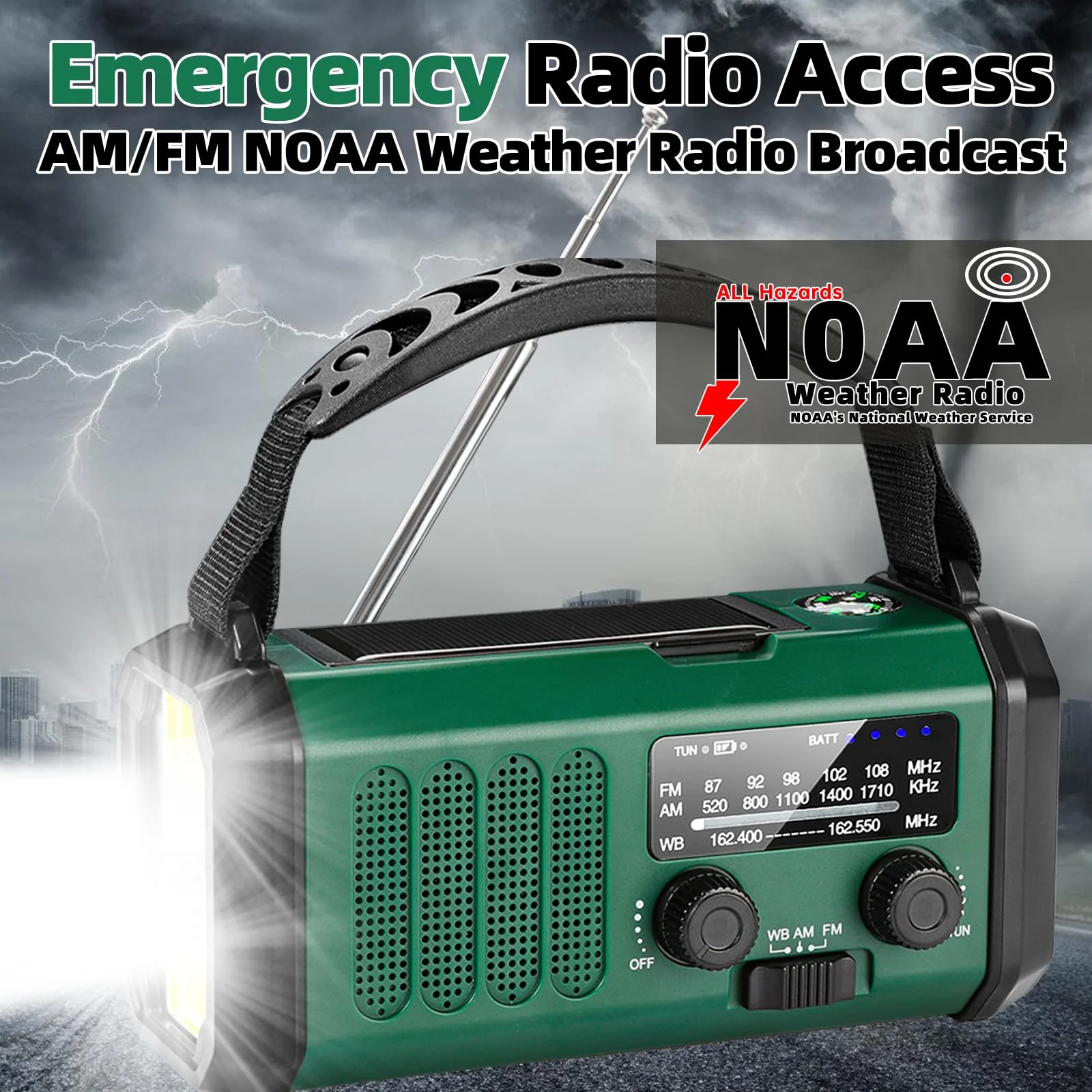 Hand Crank Emergency Radio,37000mWhSolar Powered Hand Crank Portable Radio,NOAA AM FM Weather Radio with 3Mode Flashlight and Reading Light,Cell Phone Charger,Home and Emergency Distress Signal Green - Image 4
