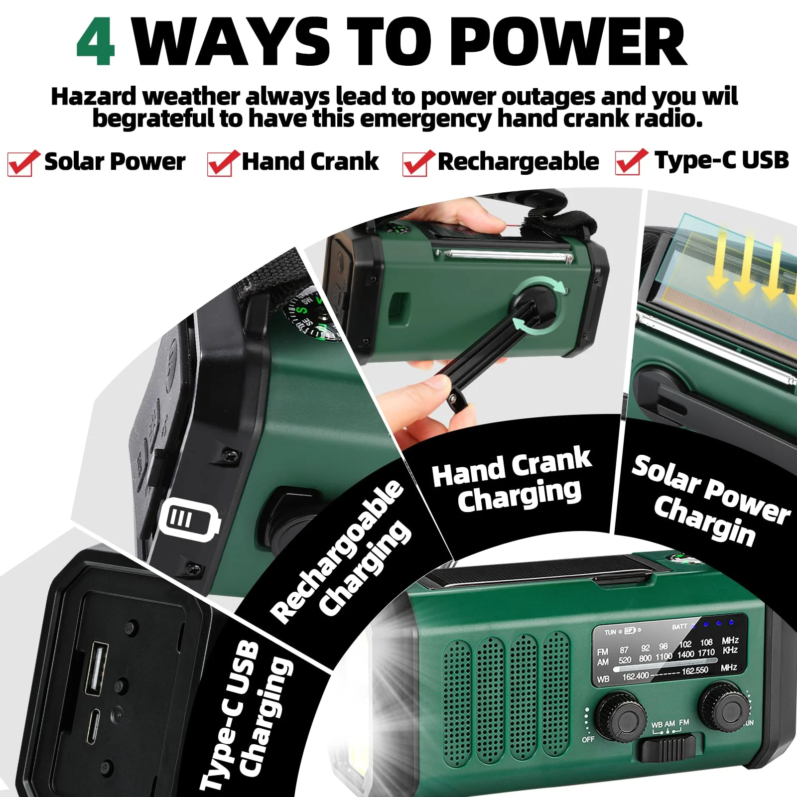Hand Crank Emergency Radio,37000mWhSolar Powered Hand Crank Portable Radio,NOAA AM FM Weather Radio with 3Mode Flashlight and Reading Light,Cell Phone Charger,Home and Emergency Distress Signal Green - Image 5