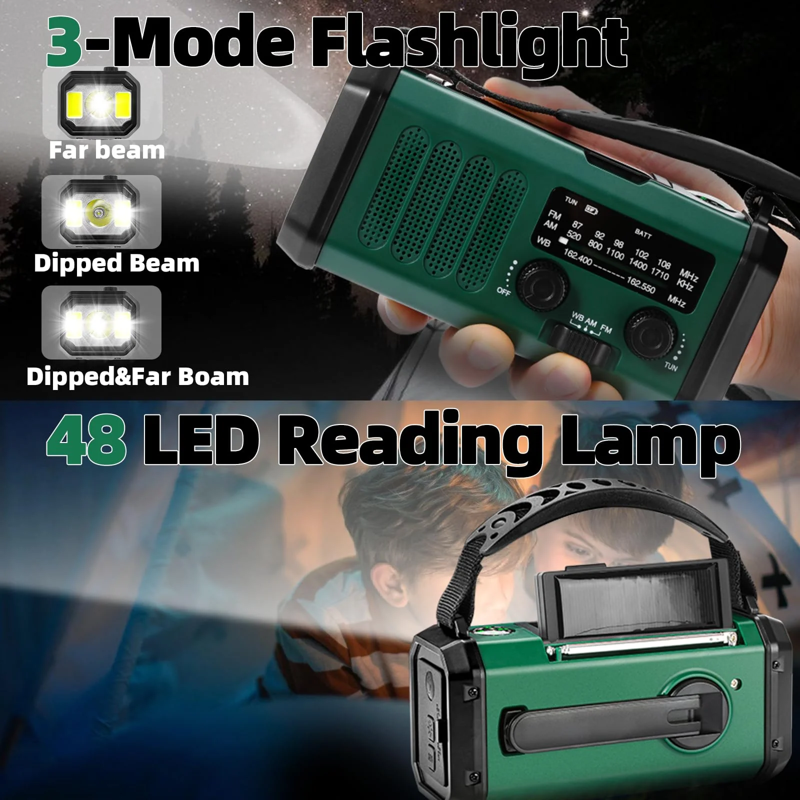 Hand Crank Emergency Radio,37000mWhSolar Powered Hand Crank Portable Radio,NOAA AM FM Weather Radio with 3Mode Flashlight and Reading Light,Cell Phone Charger,Home and Emergency Distress Signal Green - Image 7