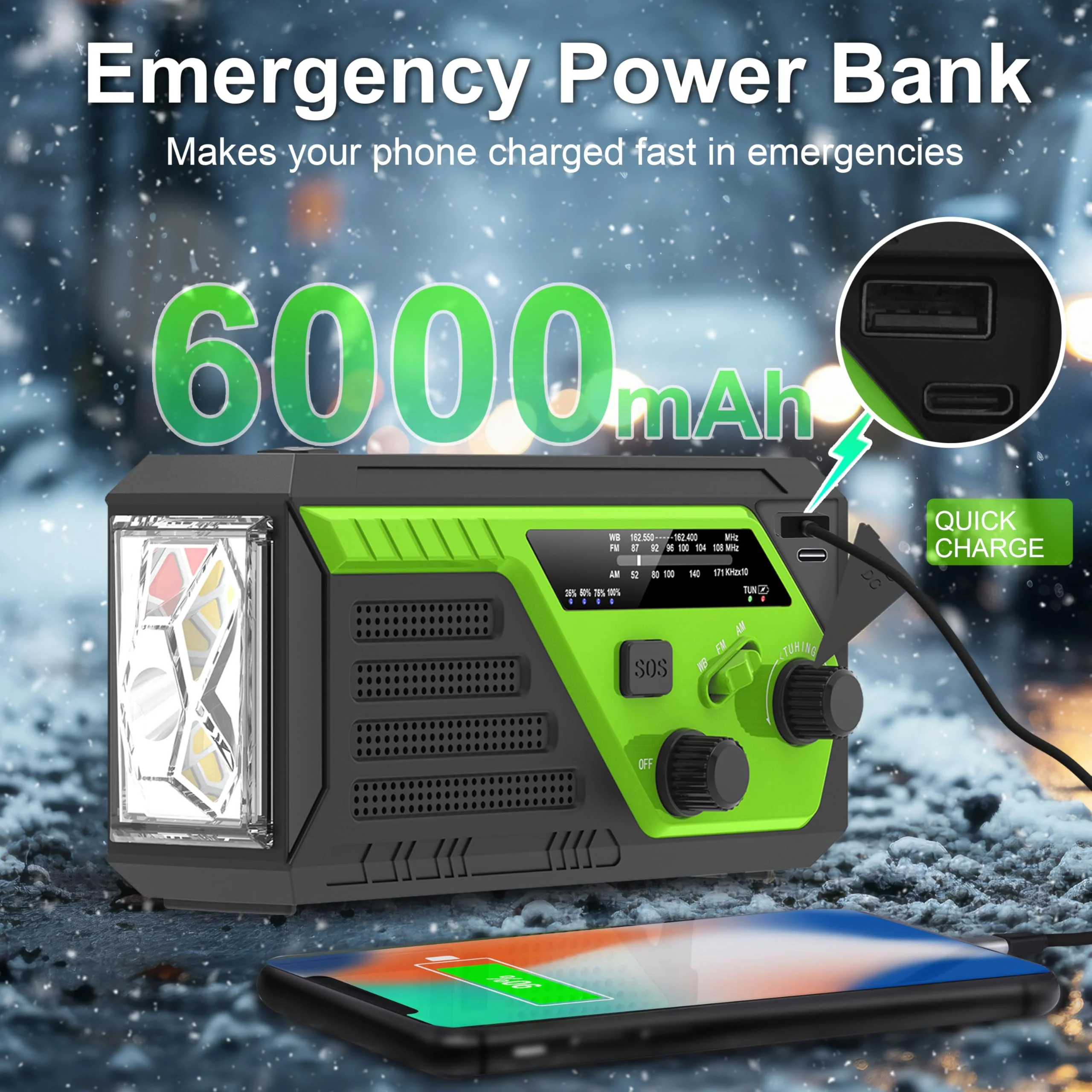 Hand Crank Emergency Radio, 6000mAh AM/FM/NOAA Weather Radio, Hand Crank Radio with 4 Built-in Cable, Emergency Weather Radio with Quickly Phone Charger, SOS Alarm for Emergency Winter Storm Green - Image 4