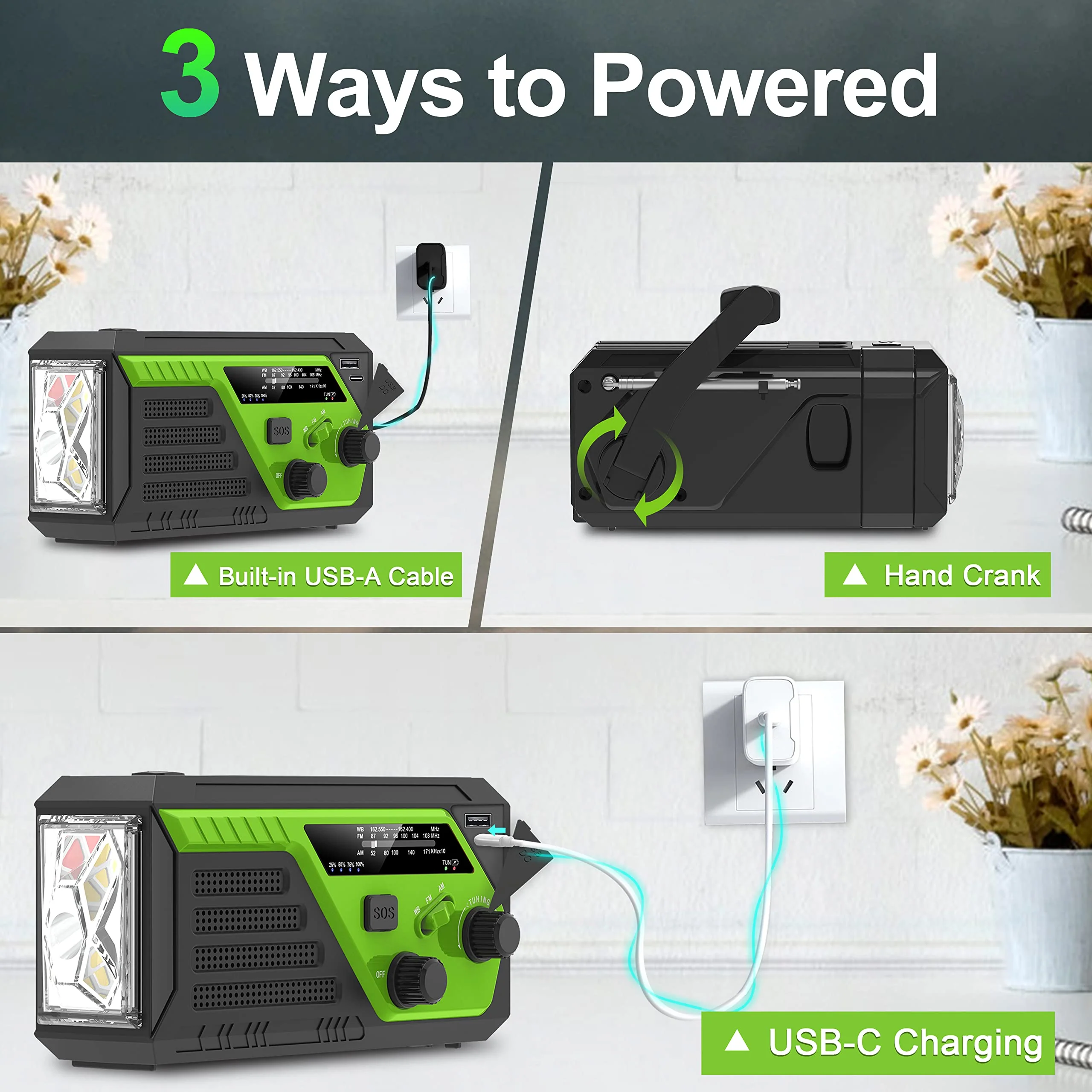 Hand Crank Emergency Radio, 6000mAh AM/FM/NOAA Weather Radio, Hand Crank Radio with 4 Built-in Cable, Emergency Weather Radio with Quickly Phone Charger, SOS Alarm for Emergency Winter Storm Green - Image 5