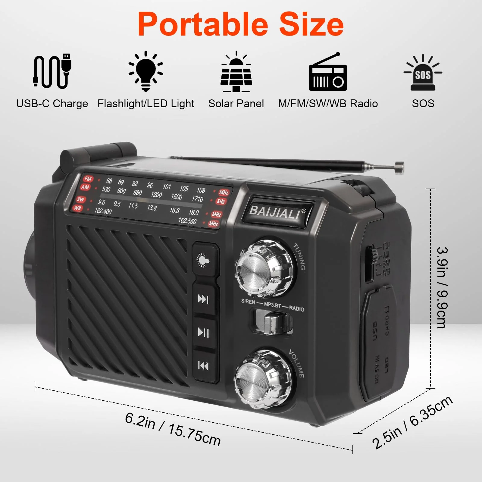 Hand Crank Emergency Weather Radio with 2600mAh/9620mWh Power Bank, NOAA AM FM Shortwave Portable Radio, Solar & USB-C Charging, Flashlight, SOS Alarm for Emergency Kits (Black) Black - Image 2