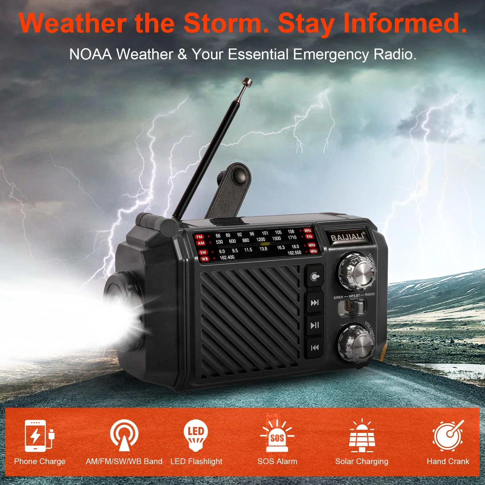 Hand Crank Emergency Weather Radio with 2600mAh/9620mWh Power Bank, NOAA AM FM Shortwave Portable Radio, Solar & USB-C Charging, Flashlight, SOS Alarm for Emergency Kits (Black) Black - Image 3