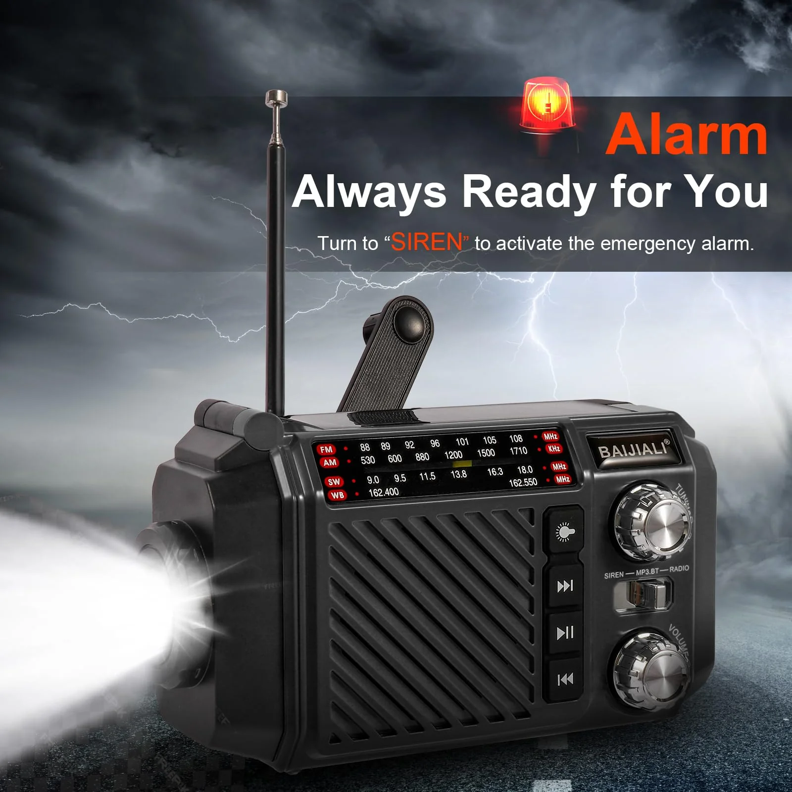 Hand Crank Emergency Weather Radio with 2600mAh/9620mWh Power Bank, NOAA AM FM Shortwave Portable Radio, Solar & USB-C Charging, Flashlight, SOS Alarm for Emergency Kits (Black) Black - Image 6