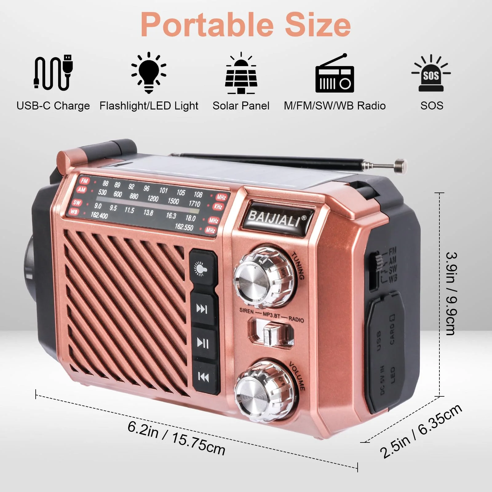 Hand Crank Emergency Weather Radio with 2600mAh/9620mWh Power Bank, NOAA AM FM Shortwave Portable Radio, Solar & USB-C Charging, Flashlight, SOS Alarm for Emergency Kits (Brown) Brown - Image 2