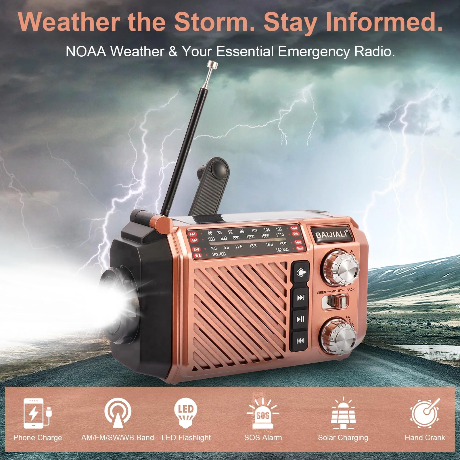 Hand Crank Emergency Weather Radio with 2600mAh/9620mWh Power Bank, NOAA AM FM Shortwave Portable Radio, Solar & USB-C Charging, Flashlight, SOS Alarm for Emergency Kits (Brown) Brown - Image 3