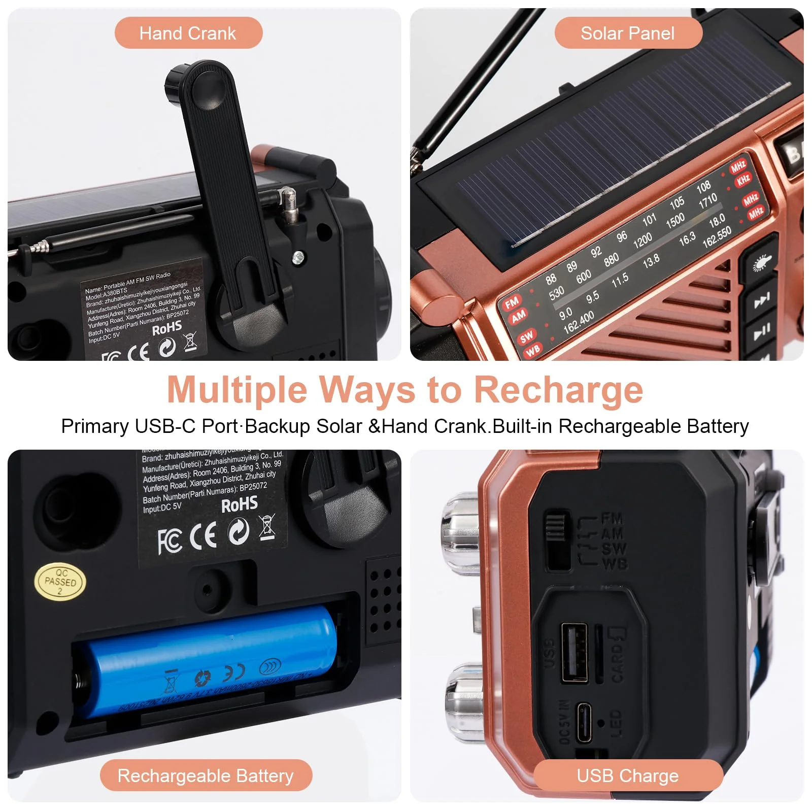 Hand Crank Emergency Weather Radio with 2600mAh/9620mWh Power Bank, NOAA AM FM Shortwave Portable Radio, Solar & USB-C Charging, Flashlight, SOS Alarm for Emergency Kits (Brown) Brown - Image 4