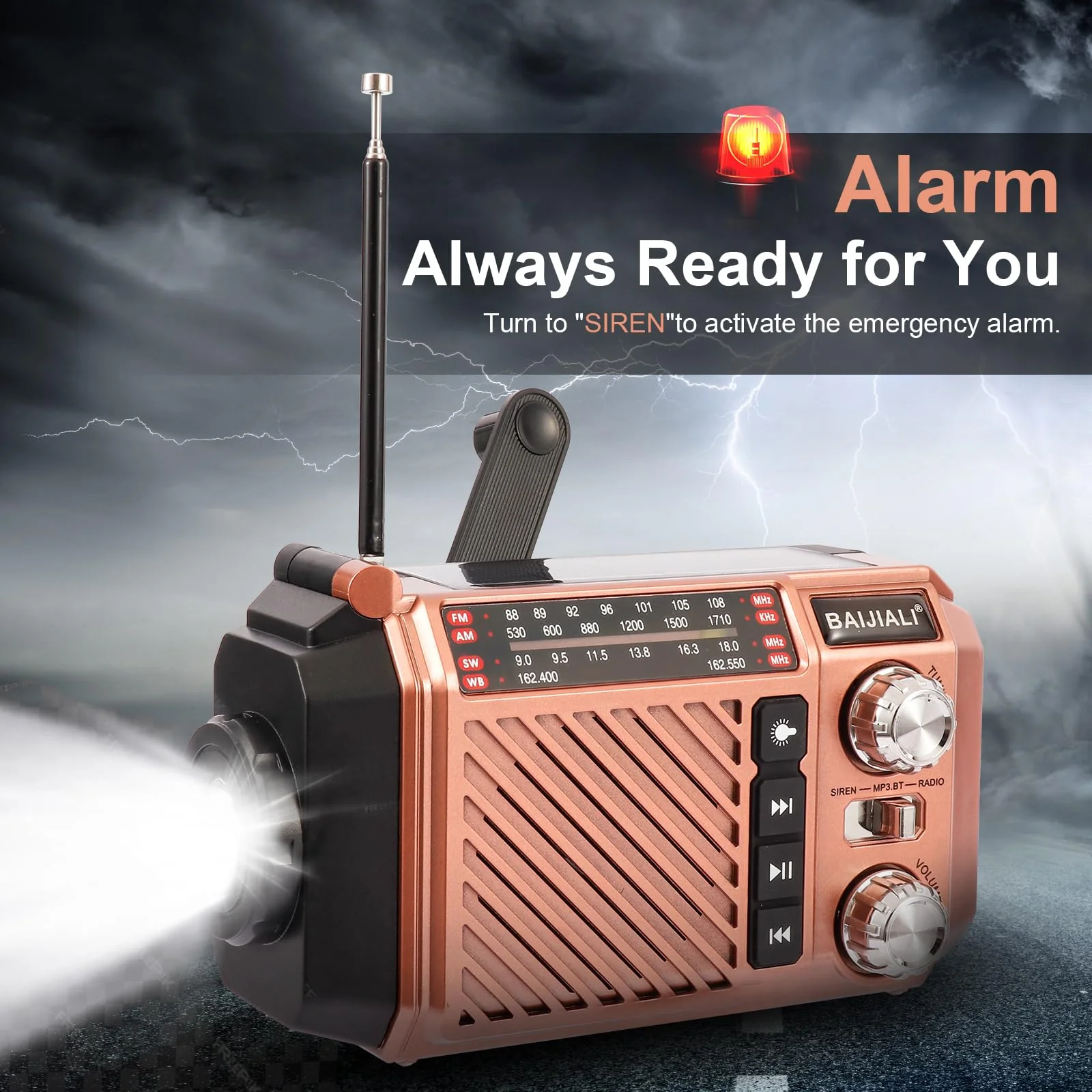 Hand Crank Emergency Weather Radio with 2600mAh/9620mWh Power Bank, NOAA AM FM Shortwave Portable Radio, Solar & USB-C Charging, Flashlight, SOS Alarm for Emergency Kits (Brown) Brown - Image 6
