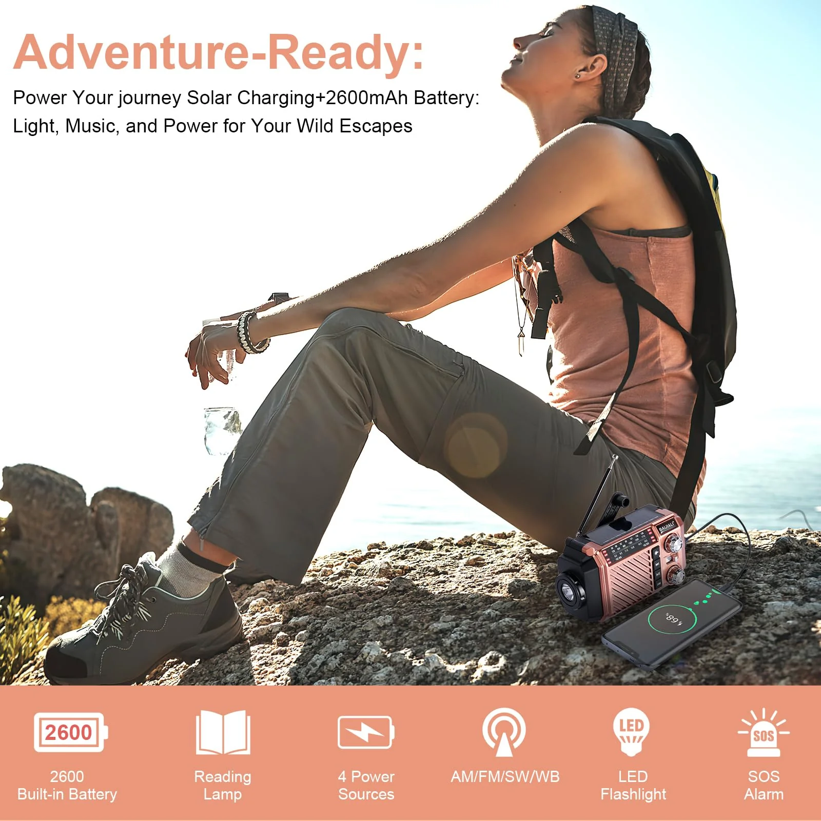 Hand Crank Emergency Weather Radio with 2600mAh/9620mWh Power Bank, NOAA AM FM Shortwave Portable Radio, Solar & USB-C Charging, Flashlight, SOS Alarm for Emergency Kits (Brown) Brown - Image 7