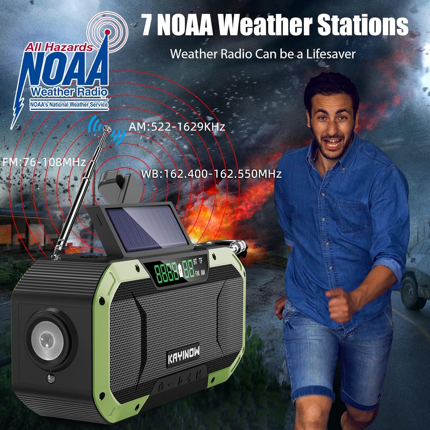 Hand Crank Solar Power Emergency Radio with Waterproof Bluetooth Speaker,Portable AM FM NOAA Weather Radio,5000mAh/18500mWh Rechargeable, Phone Charger,Flashlight,SOS,Survival Storm Camping Green - Image 3