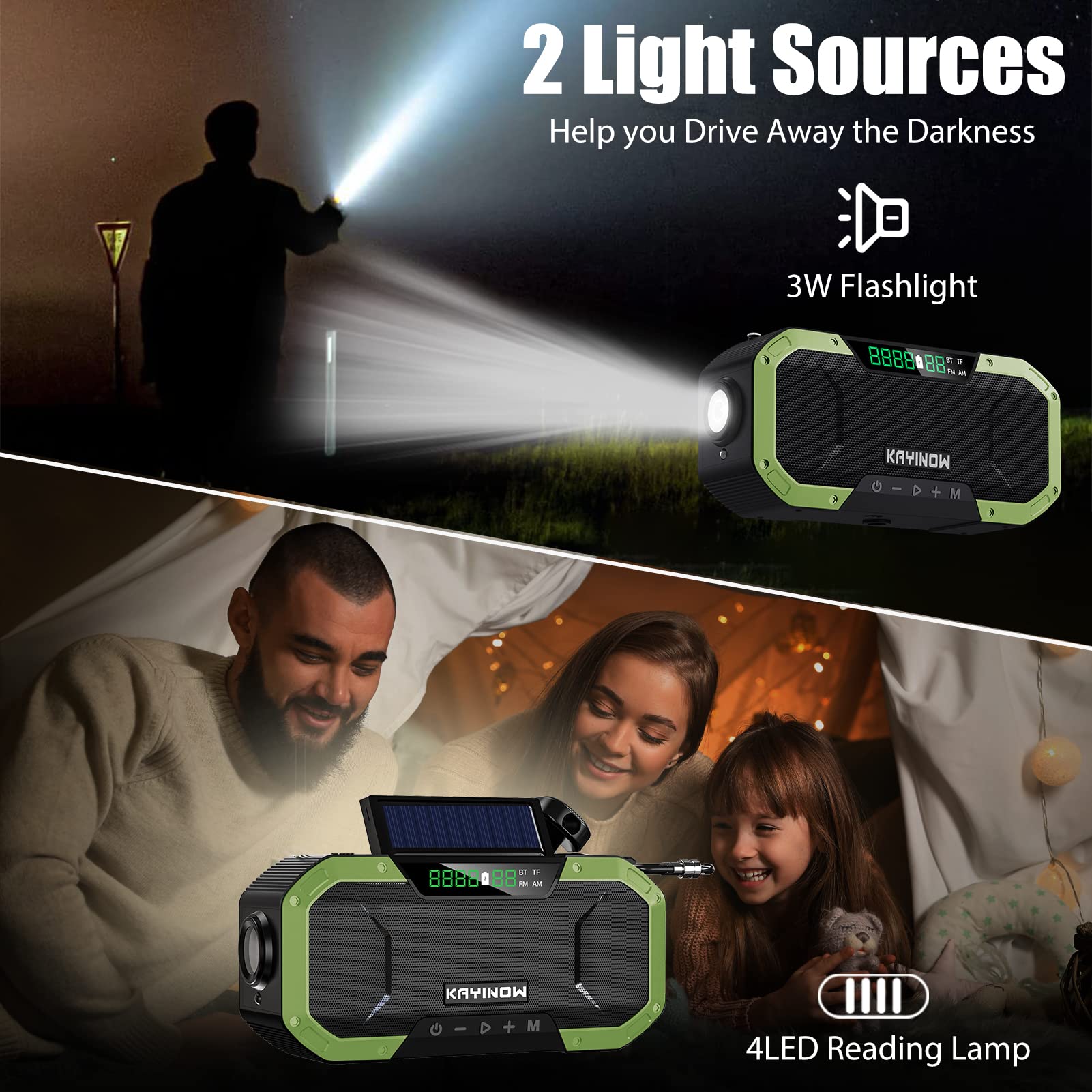 Hand Crank Solar Power Emergency Radio with Waterproof Bluetooth Speaker,Portable AM FM NOAA Weather Radio,5000mAh/18500mWh Rechargeable, Phone Charger,Flashlight,SOS,Survival Storm Camping Green - Image 4