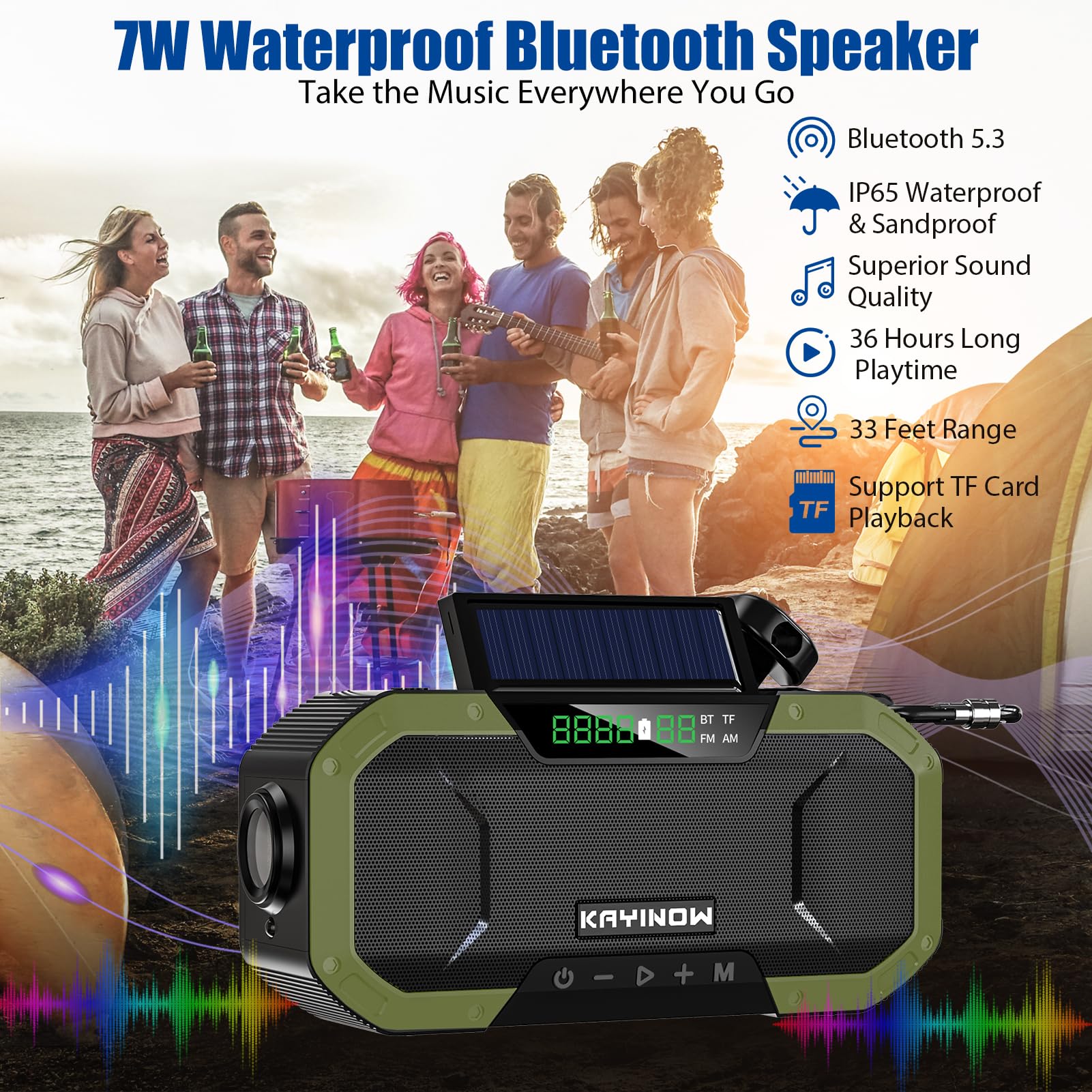 Hand Crank Solar Power Emergency Radio with Waterproof Bluetooth Speaker,Portable AM FM NOAA Weather Radio,5000mAh/18500mWh Rechargeable, Phone Charger,Flashlight,SOS,Survival Storm Camping Green - Image 5