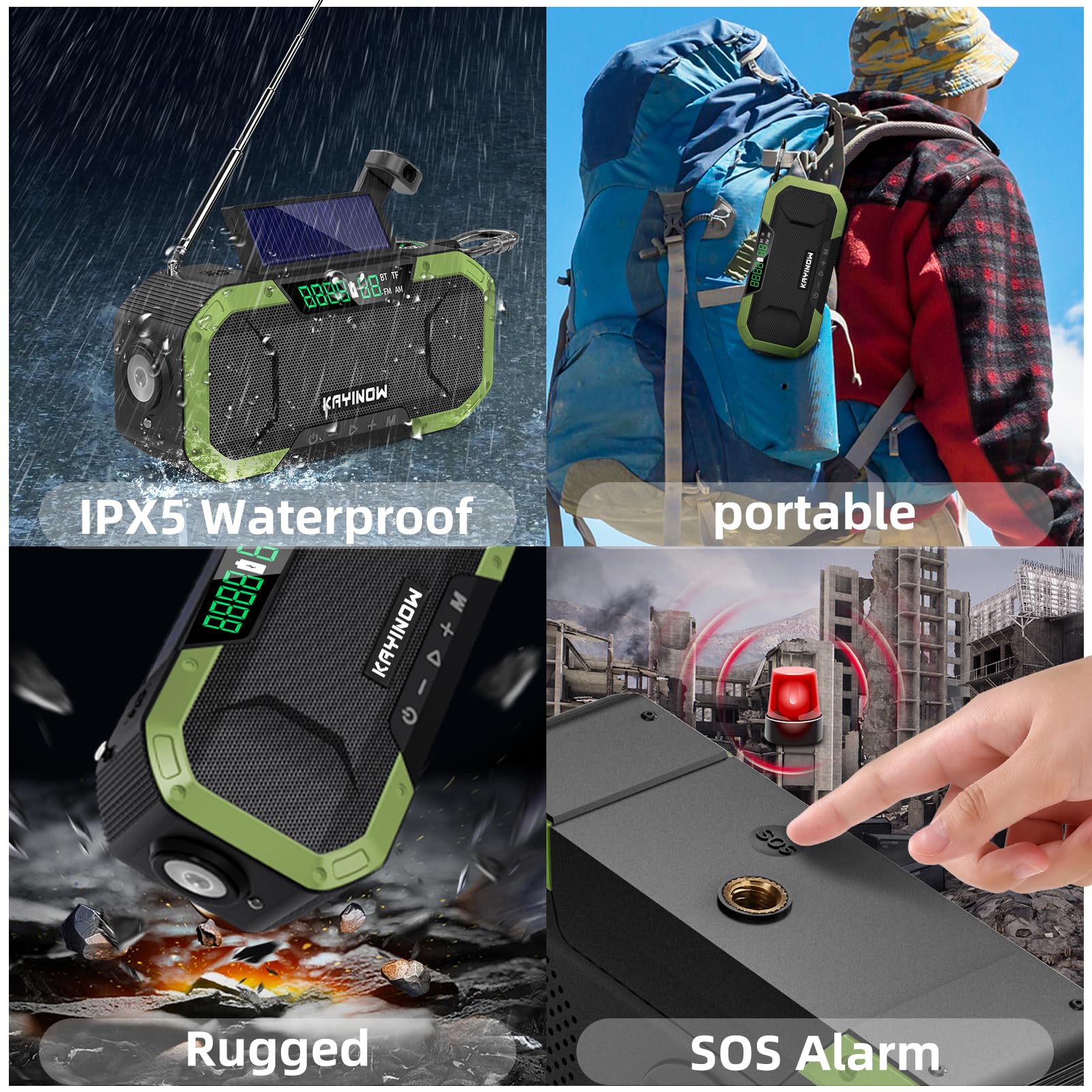 Hand Crank Solar Power Emergency Radio with Waterproof Bluetooth Speaker,Portable AM FM NOAA Weather Radio,5000mAh/18500mWh Rechargeable, Phone Charger,Flashlight,SOS,Survival Storm Camping Green - Image 7