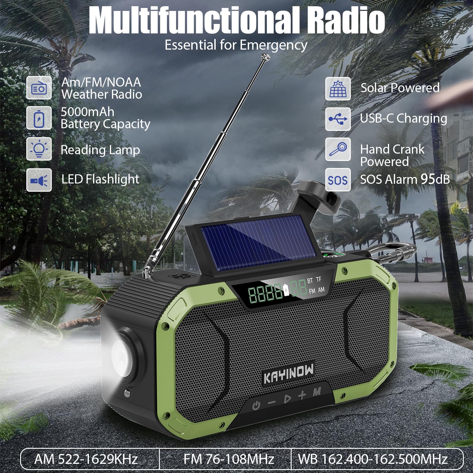 Hand Crank Solar Power Emergency Radio with Waterproof Bluetooth Speaker,Portable AM FM NOAA Weather Radio,5000mAh/18500mWh Rechargeable, Phone Charger,Flashlight,SOS,Survival Storm Camping Green - Image 8
