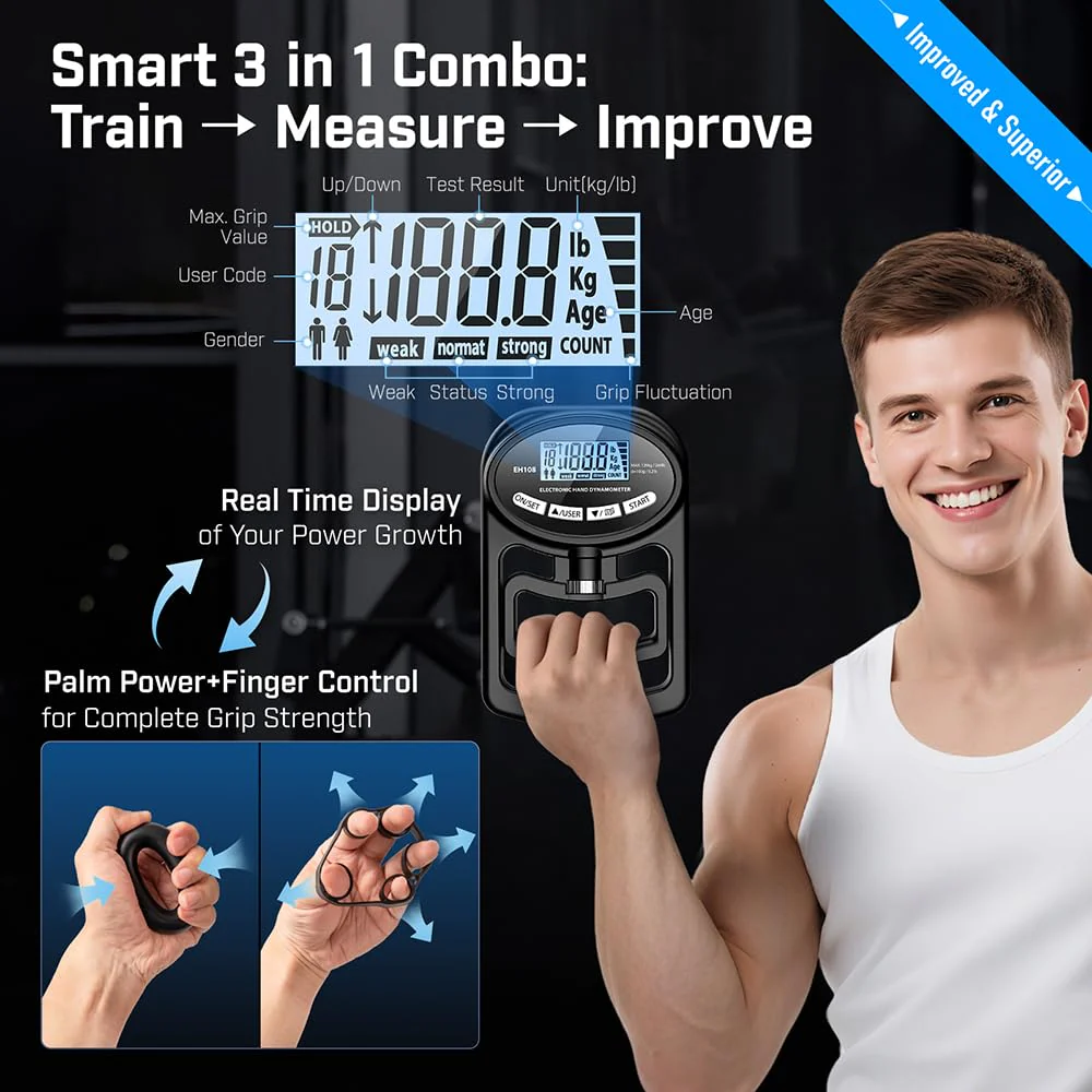Hand Grip Strength Tester Trainer - Electronic Hand Dynamometer Forearm Grip Strengthener Exerciser Digital Training Gauge 265 Lbs 120 Kgs for Sport Home School Use black - Image 2