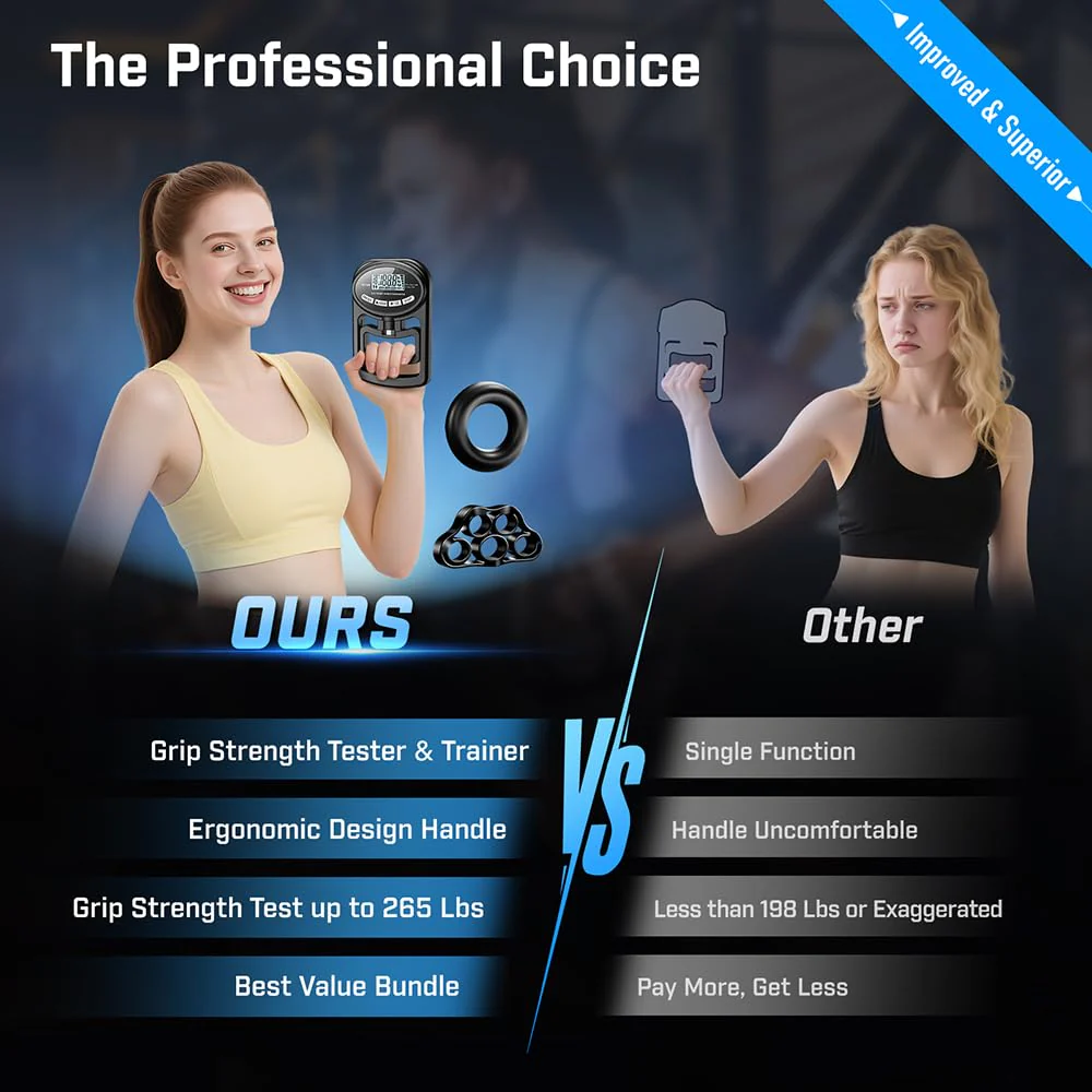 Hand Grip Strength Tester Trainer - Electronic Hand Dynamometer Forearm Grip Strengthener Exerciser Digital Training Gauge 265 Lbs 120 Kgs for Sport Home School Use black - Image 6