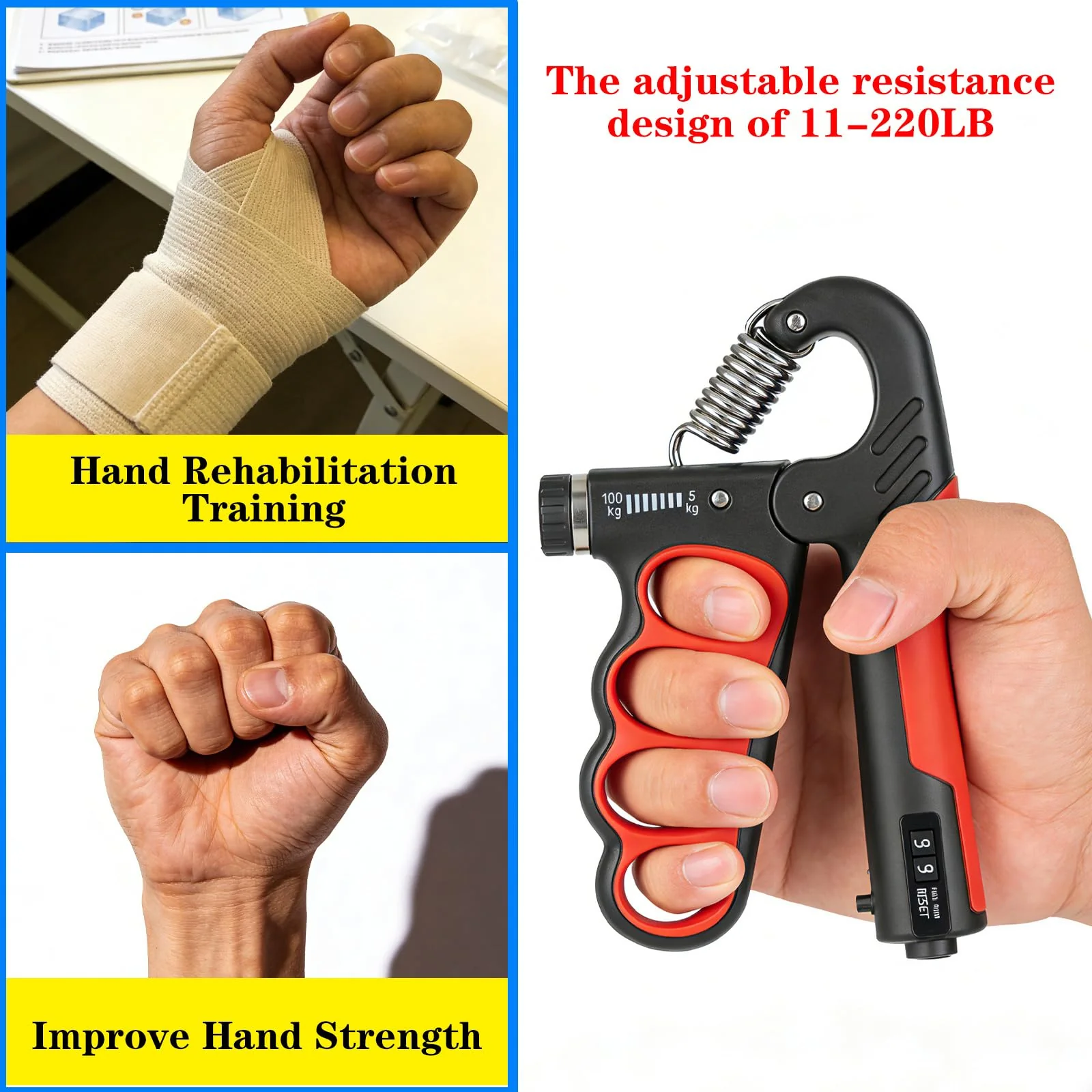Hand Gripper Strengthener, 11-220LBs Adjustable Resistance Grip Strength Trainer with Counter, Forearm Exerciser for Injury Recovery and Muscle Building Red-2PCS - Image 4