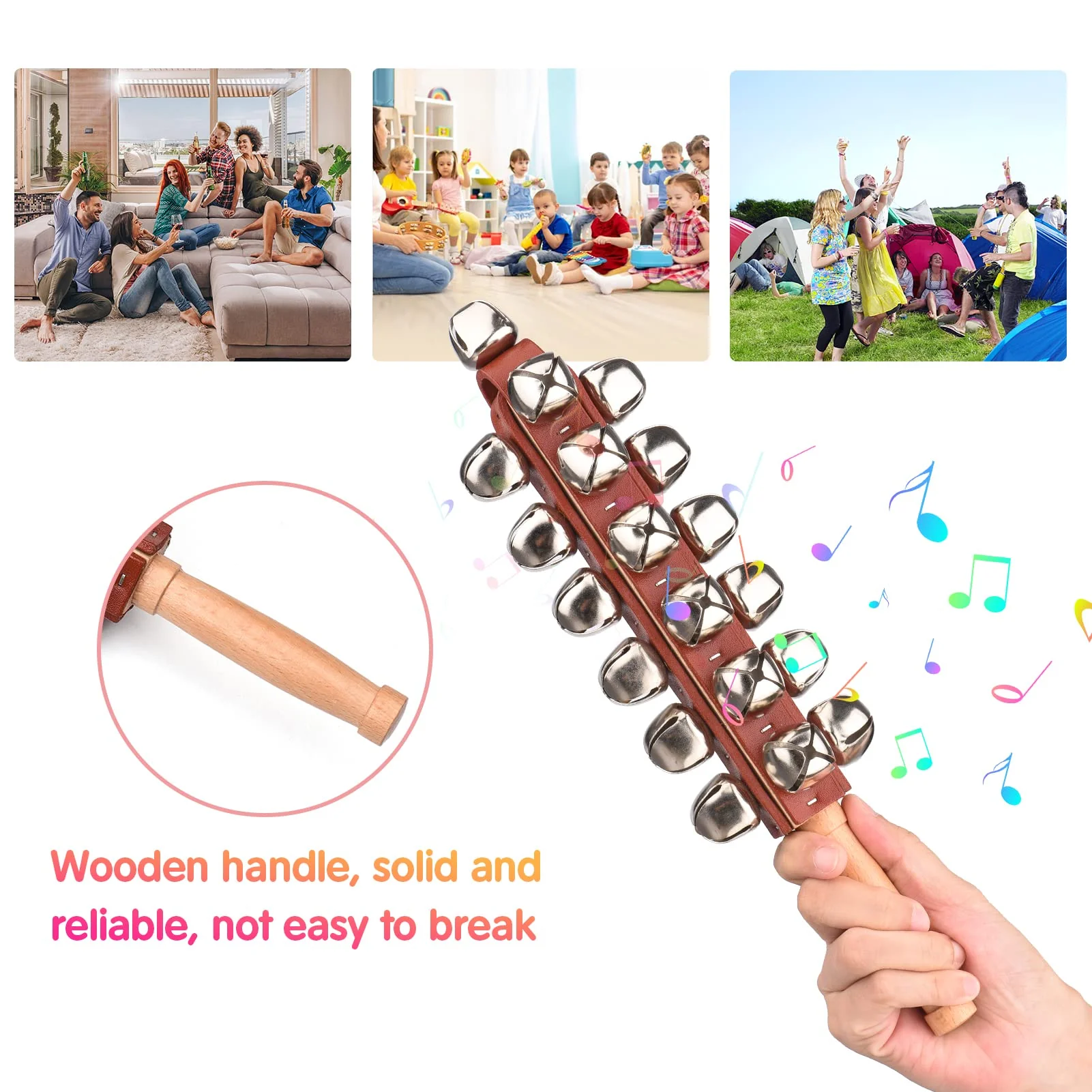 Hand Jingle Bells Hand Sleigh Bells Wooden Shaker Jingle Bells Stick Musical Percussion Instrument Bells for Holiday Home Christmas Decoration - Image 2