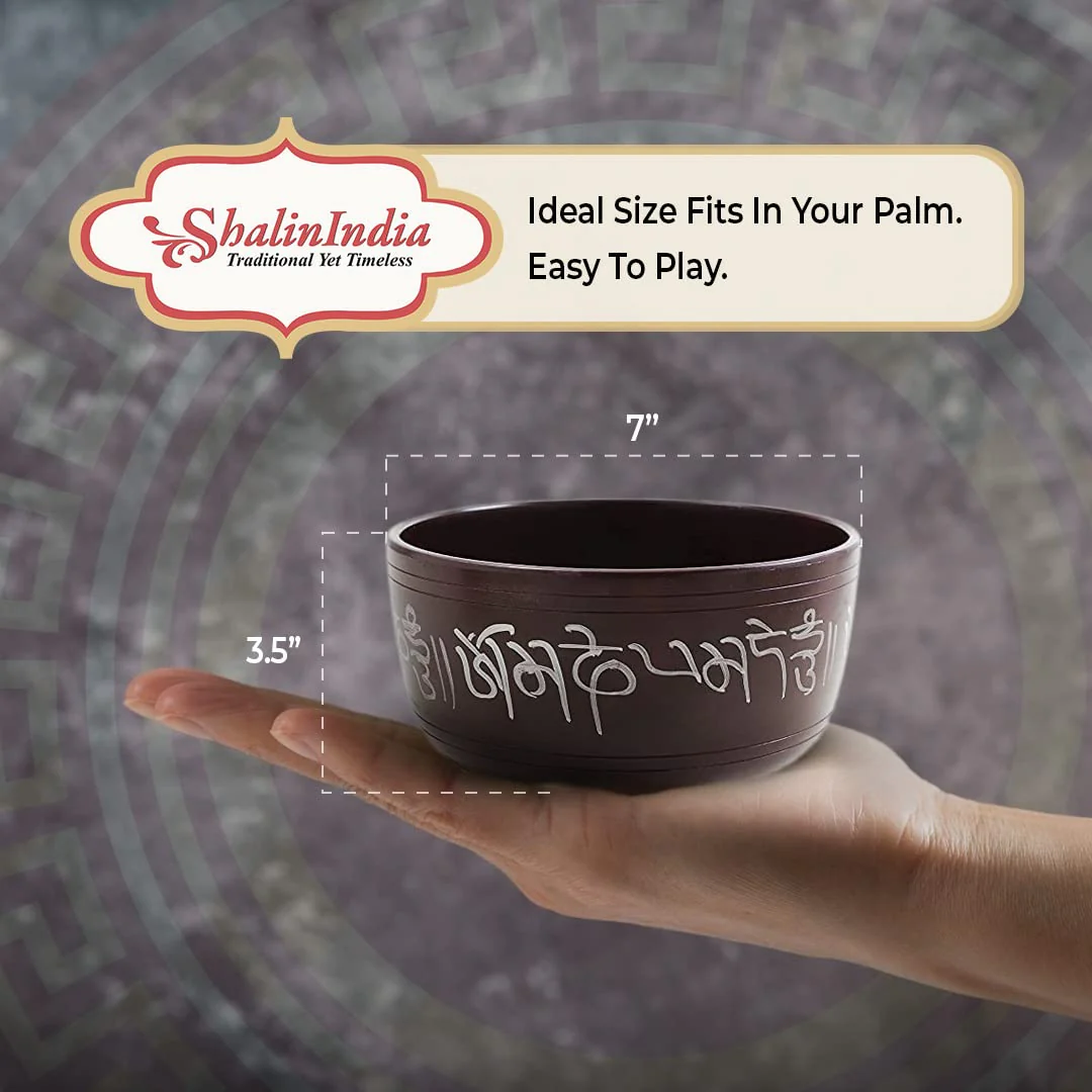Hand Painted Metal Tibetan Singing Bowl Set - Large 7" Musical Instrument for with Wooden Stick Mallet - For Meditation Yoga and Healing - Om Mani Padme Hum Peace - Image 4