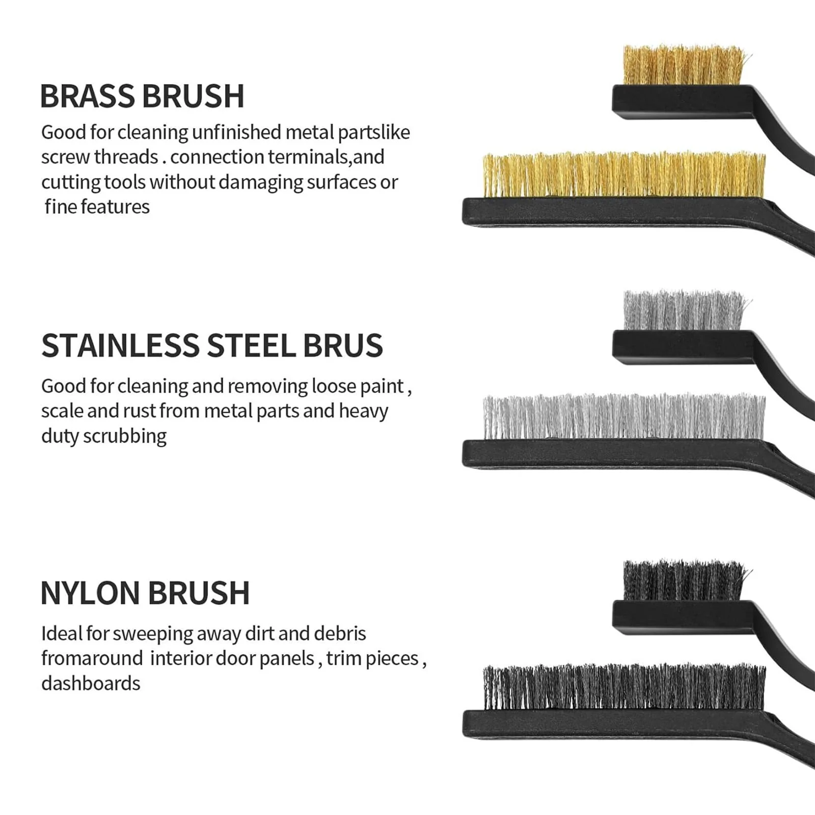 Hand Wire Brush Set, 9 Pieces, 3 x Nylon Brushes, 3 x Stainless Steel Brushes, 3 x Brass Wire Brushes, for Removing Stubborn Residues, Rust, Cleaning Grill, Rust, Oil Stains, Painting, Dust - Image 4