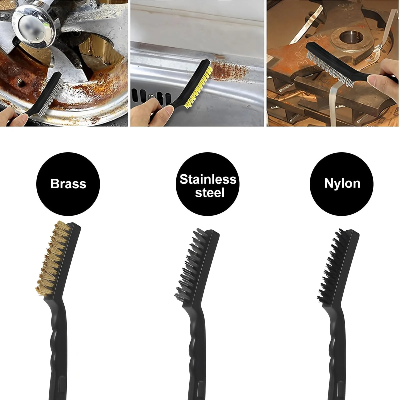 Hand Wire Brush Set, 9 Pieces, 3 x Nylon Brushes, 3 x Stainless Steel Brushes, 3 x Brass Wire Brushes, for Removing Stubborn Residues, Rust, Cleaning Grill, Rust, Oil Stains, Painting, Dust - Image 5
