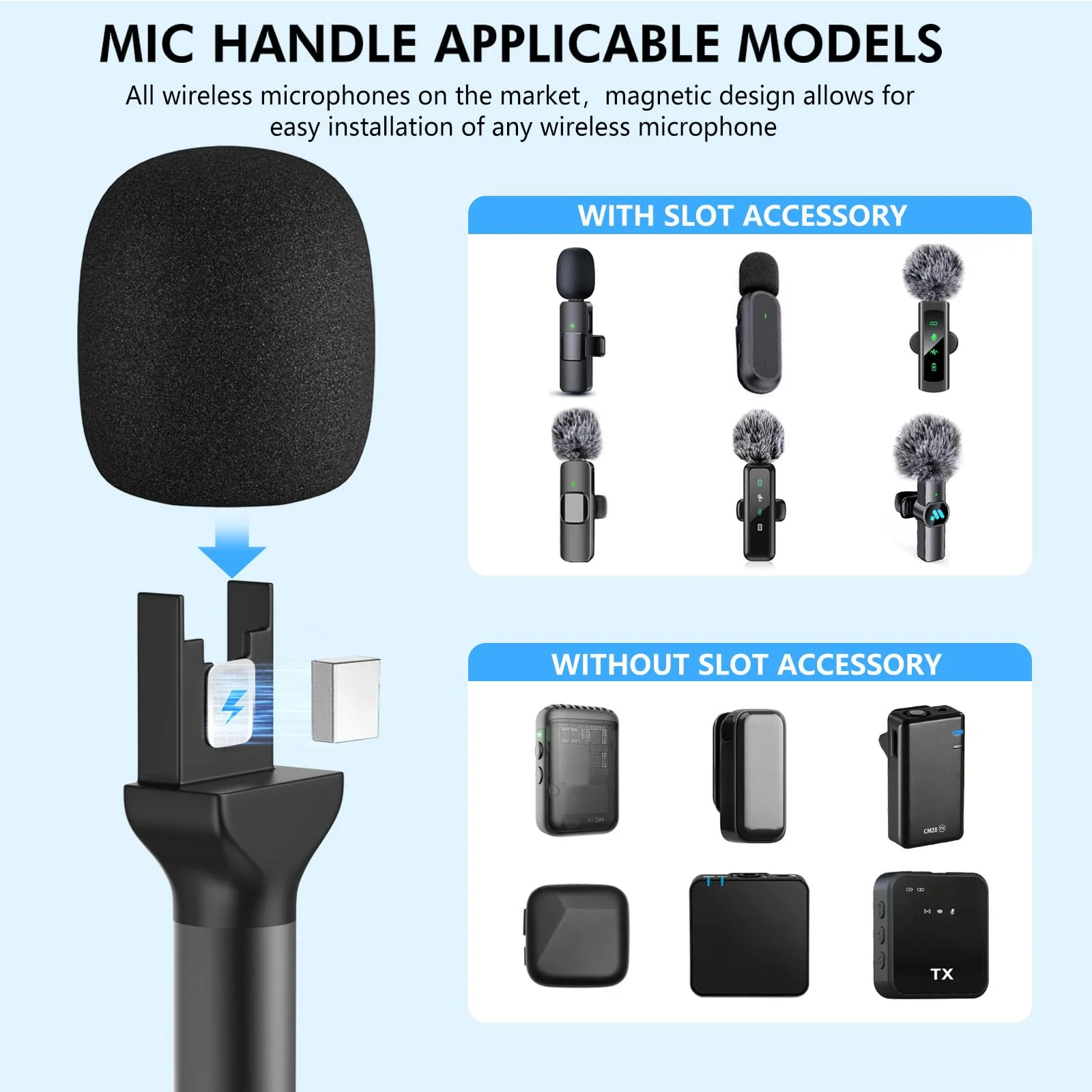 Handheld Adaptor for Interview Mic, 2 Packs Wireless Mic holders for DJI/Rode/Hollyland Lark Lavalier, Universal Magnetic Microfono Stand with Foam Windshield & Flag Station for Interview/Vlogging 2 Pack - Image 2