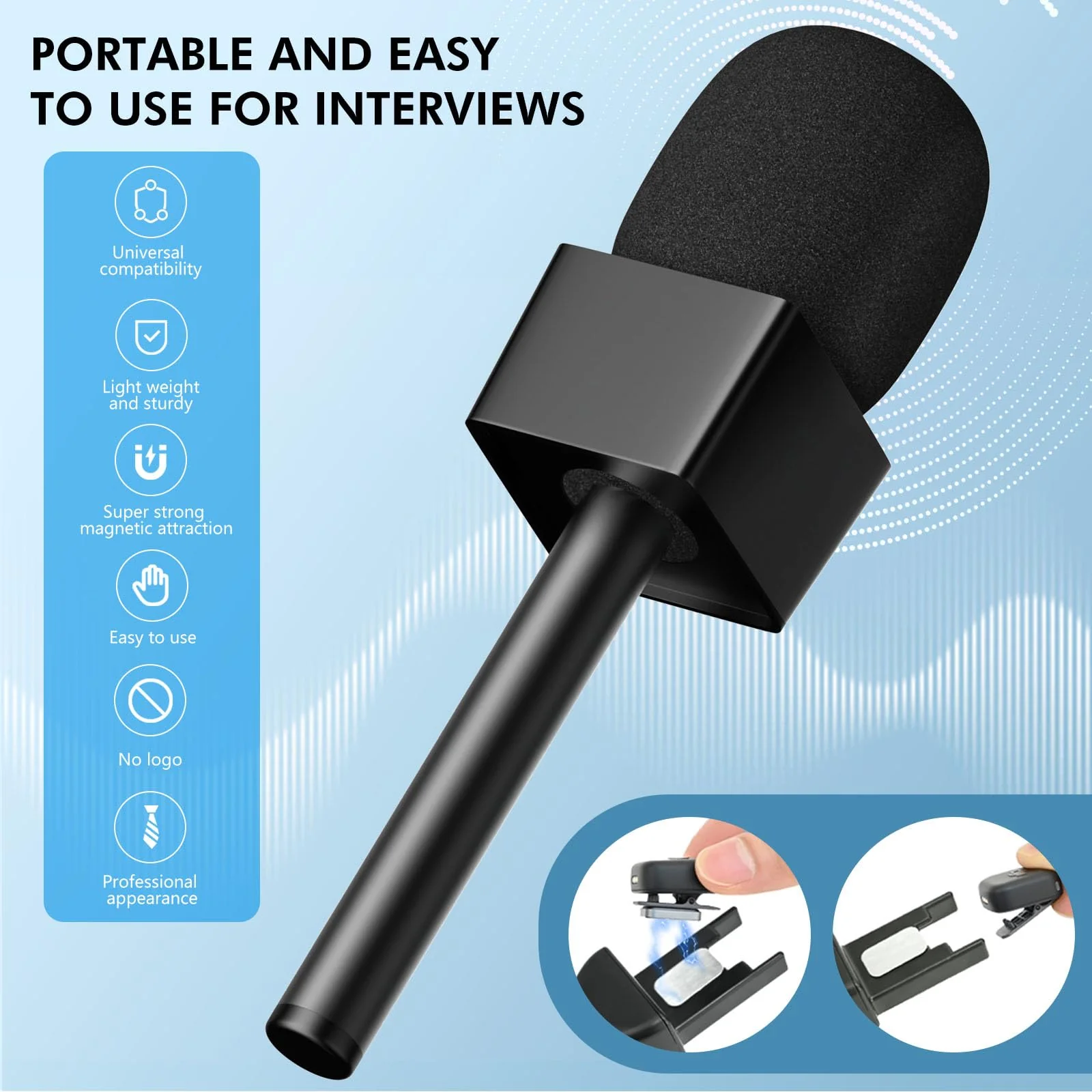 Handheld Adaptor for Interview Mic, 2 Packs Wireless Mic holders for DJI/Rode/Hollyland Lark Lavalier, Universal Magnetic Microfono Stand with Foam Windshield & Flag Station for Interview/Vlogging 2 Pack - Image 4