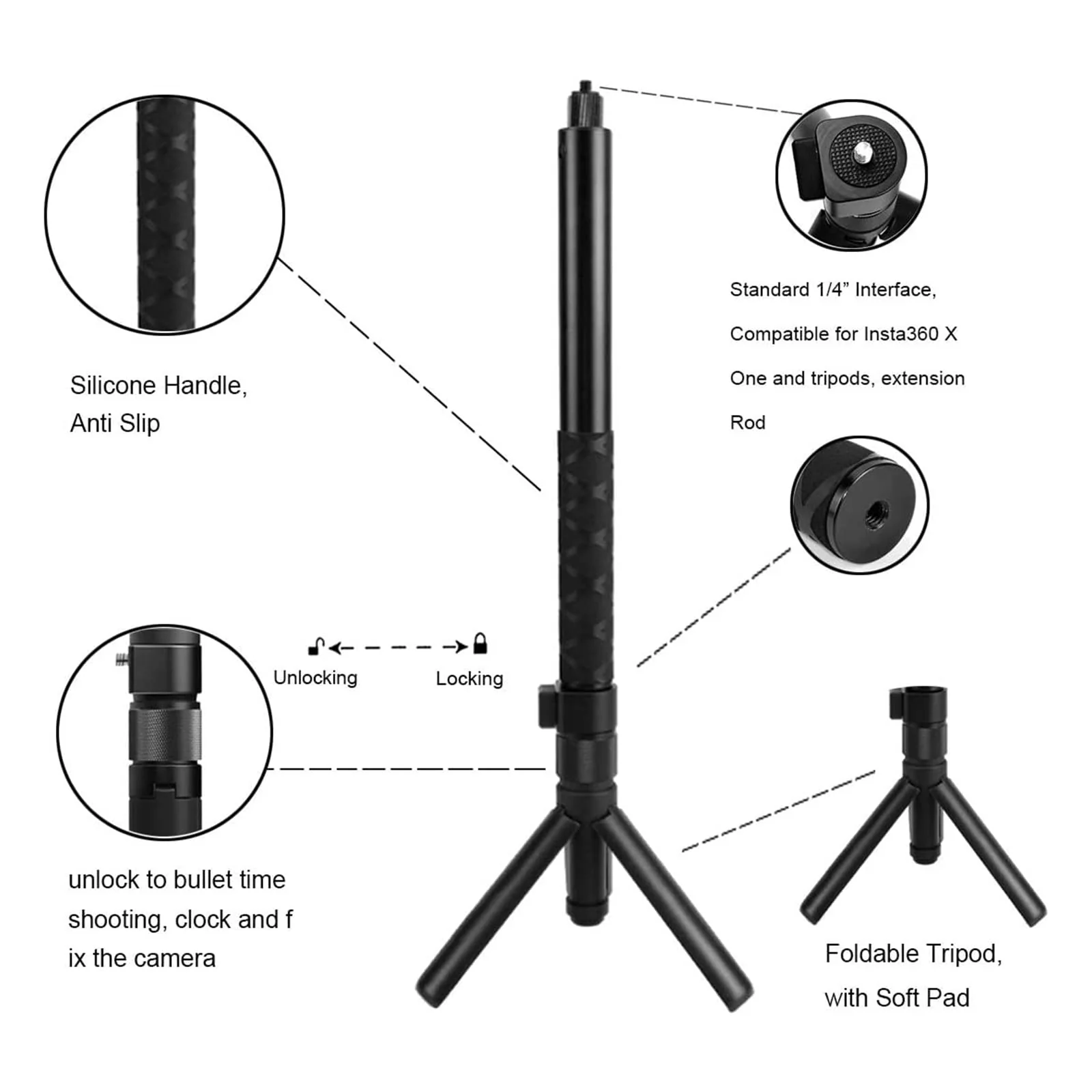 Handheld Camera Selfie Stick and Tripod for Insta360 Bullet Time Bundle,Compatible with Insta360 X3/ One X2/One RS/One R/One Accessories - Image 3