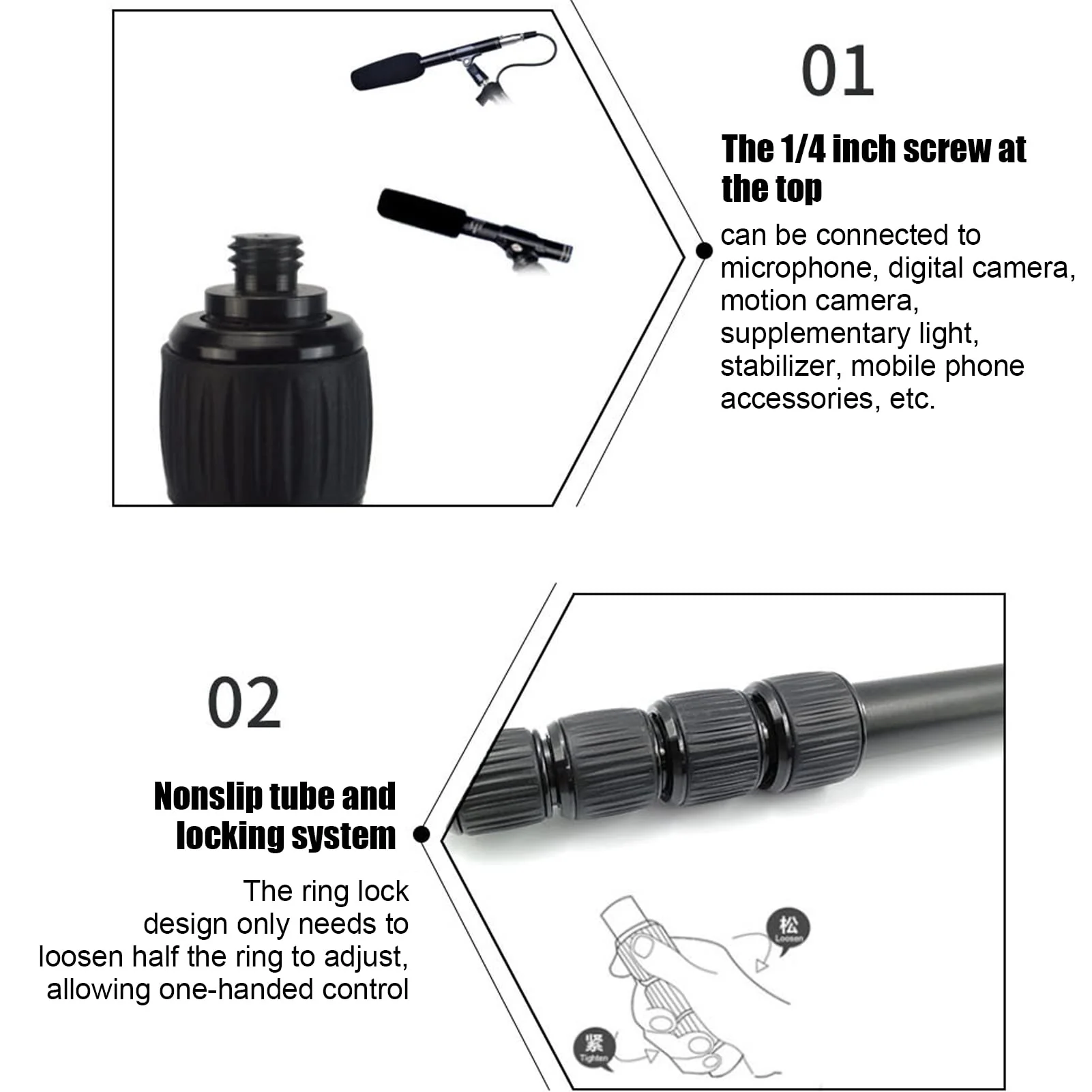 Handheld Mic Boom Pole, 4 5 Section Extendable Microphone Boom Arm with Foam Handle and 1/4in Threads, Telescopic Adjustable Mic Stand for Camera Phone Microphones(5) - Image 3