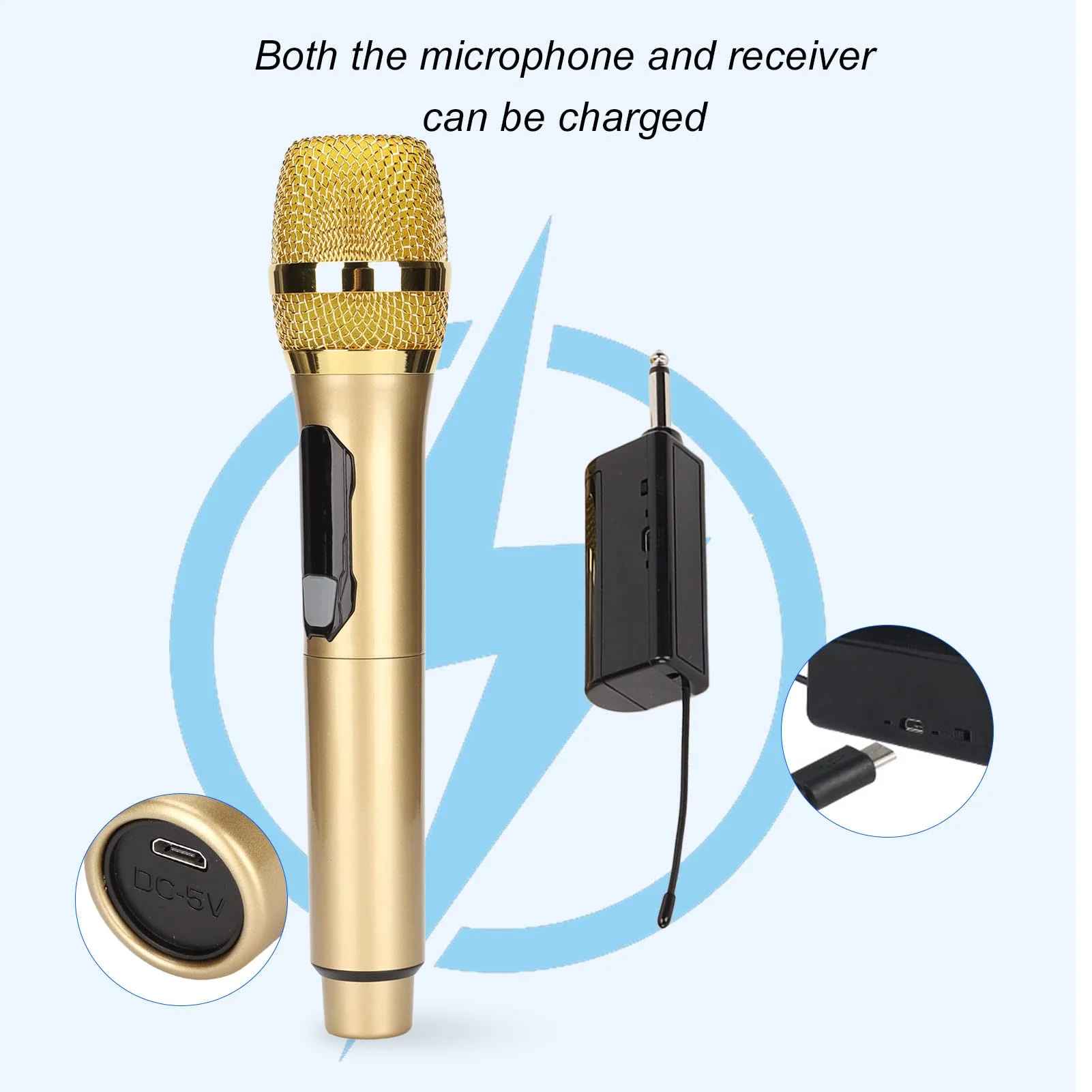 Handheld Microphone, Plug and Play Karaoke Wireless Microphone 50m Receiving 600Hz to 800KHz Multipurpose for Home (Gold) - Image 3