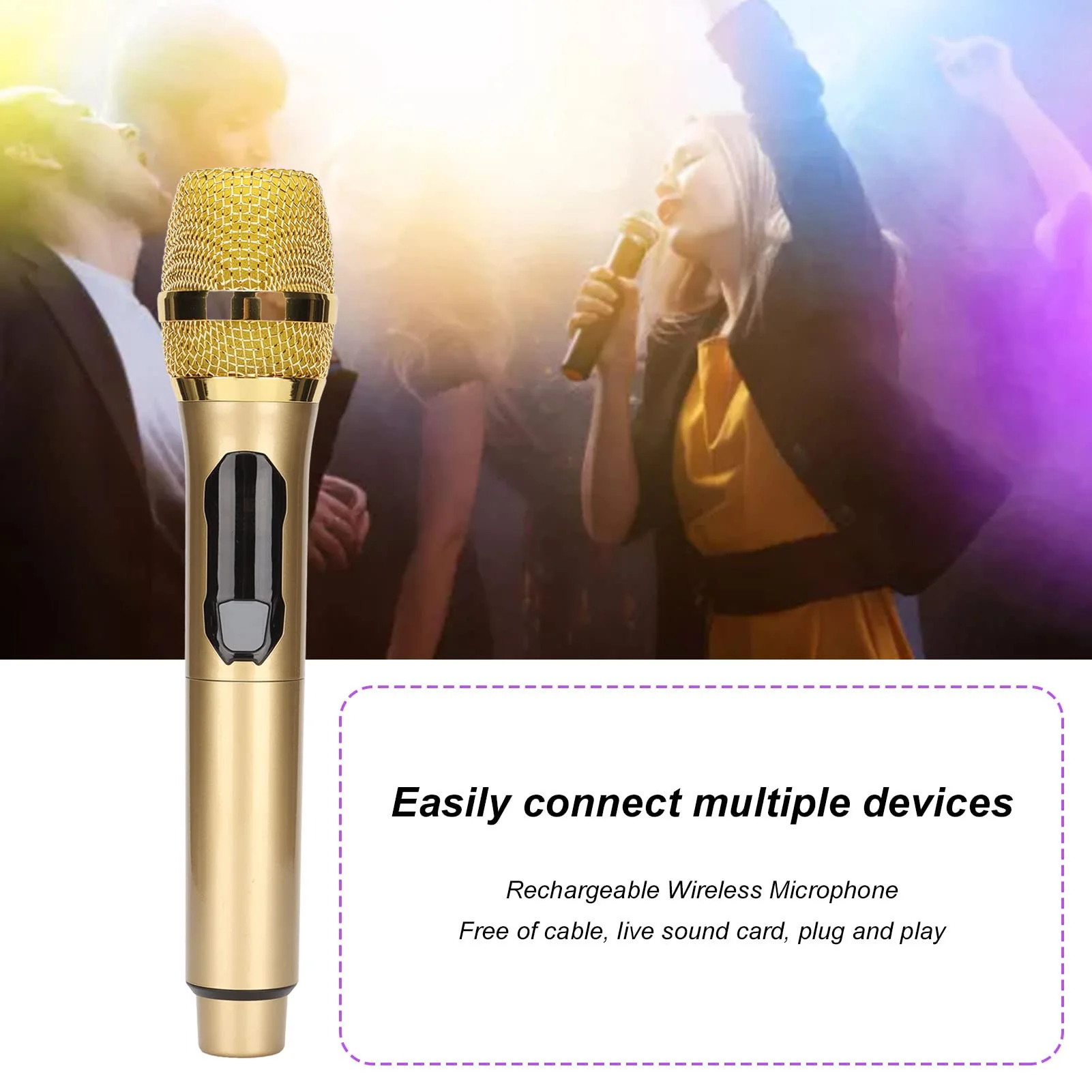Handheld Microphone, Plug and Play Karaoke Wireless Microphone 50m Receiving 600Hz to 800KHz Multipurpose for Home (Gold) - Image 4