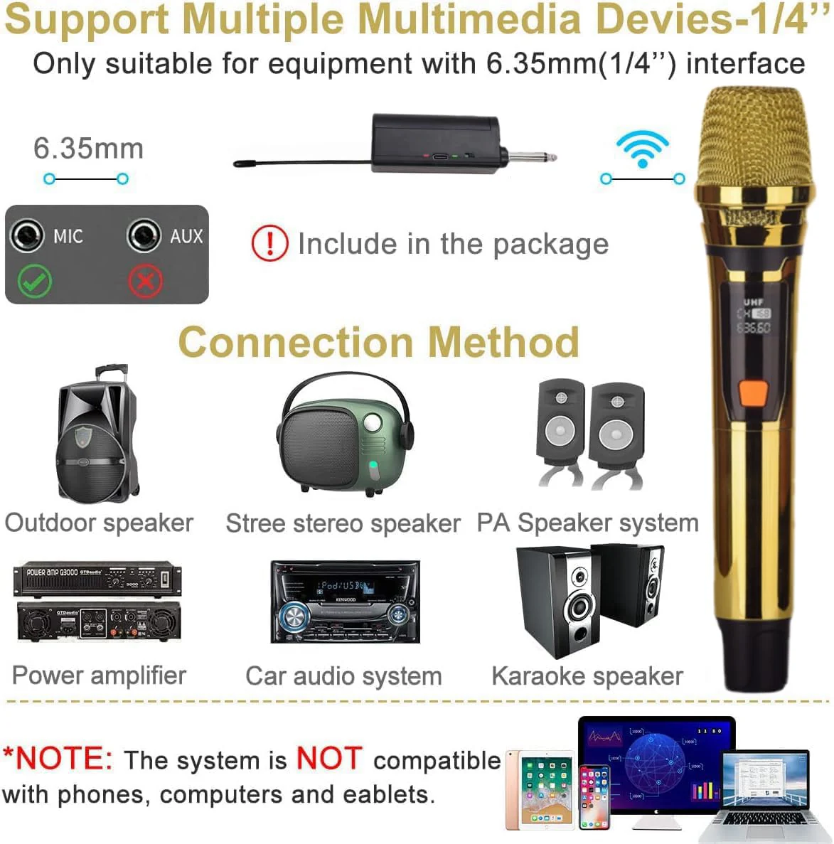 Handheld Wireless Microphone, Rechargeable UHF Microphone, 200Ft, Plating Gold 2 MIC,Handheld Dynamic Wireless Mic for Large Stage Singing Karaoke Wedding DJ Party Speech Church Class Use PA System Golden 2-Mic - Image 2