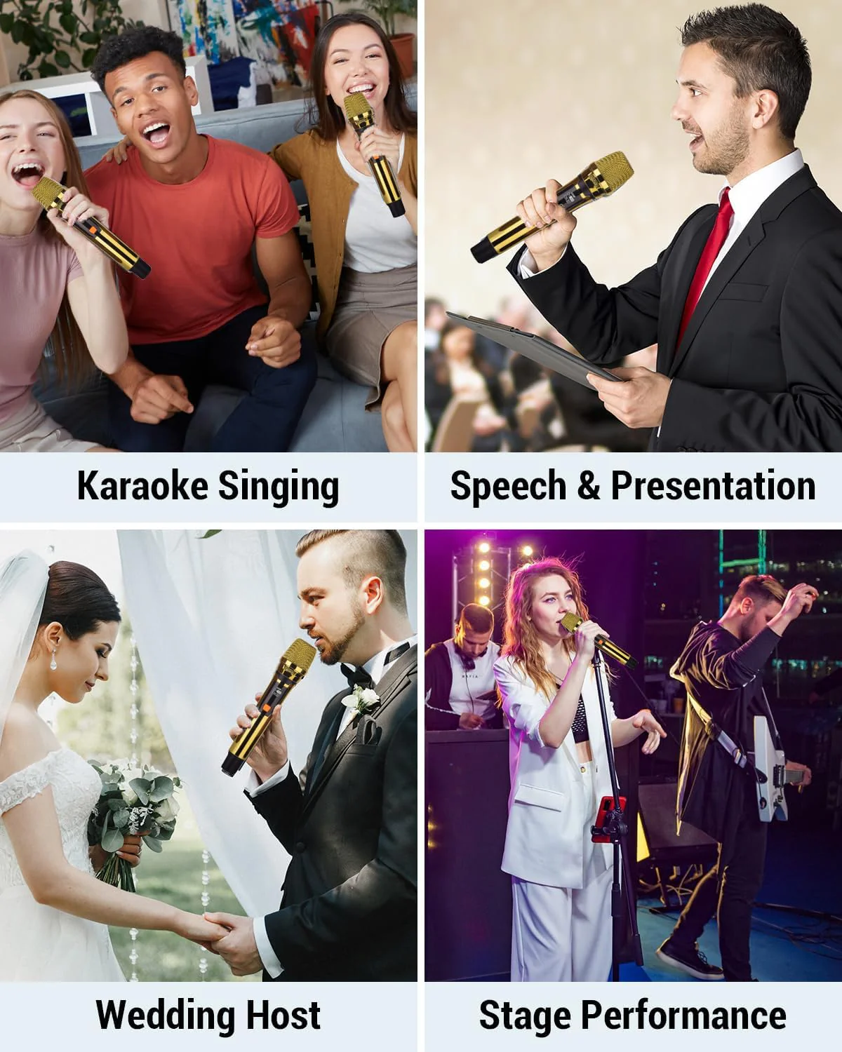 Handheld Wireless Microphone, Rechargeable UHF Microphone, 200Ft, Plating Gold 2 MIC,Handheld Dynamic Wireless Mic for Large Stage Singing Karaoke Wedding DJ Party Speech Church Class Use PA System Golden 2-Mic - Image 3