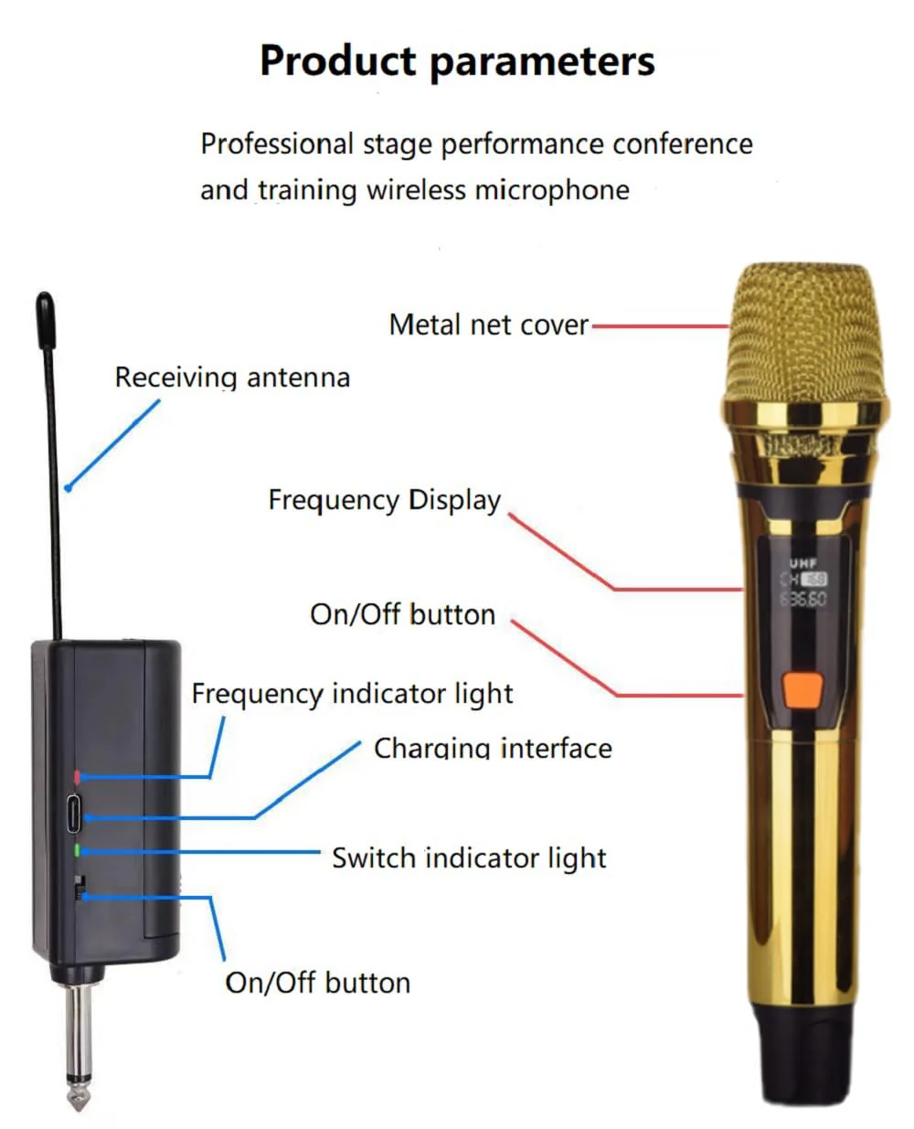 Handheld Wireless Microphone, Rechargeable UHF Microphone, 200Ft, Plating Gold 2 MIC,Handheld Dynamic Wireless Mic for Large Stage Singing Karaoke Wedding DJ Party Speech Church Class Use PA System Golden 2-Mic - Image 4