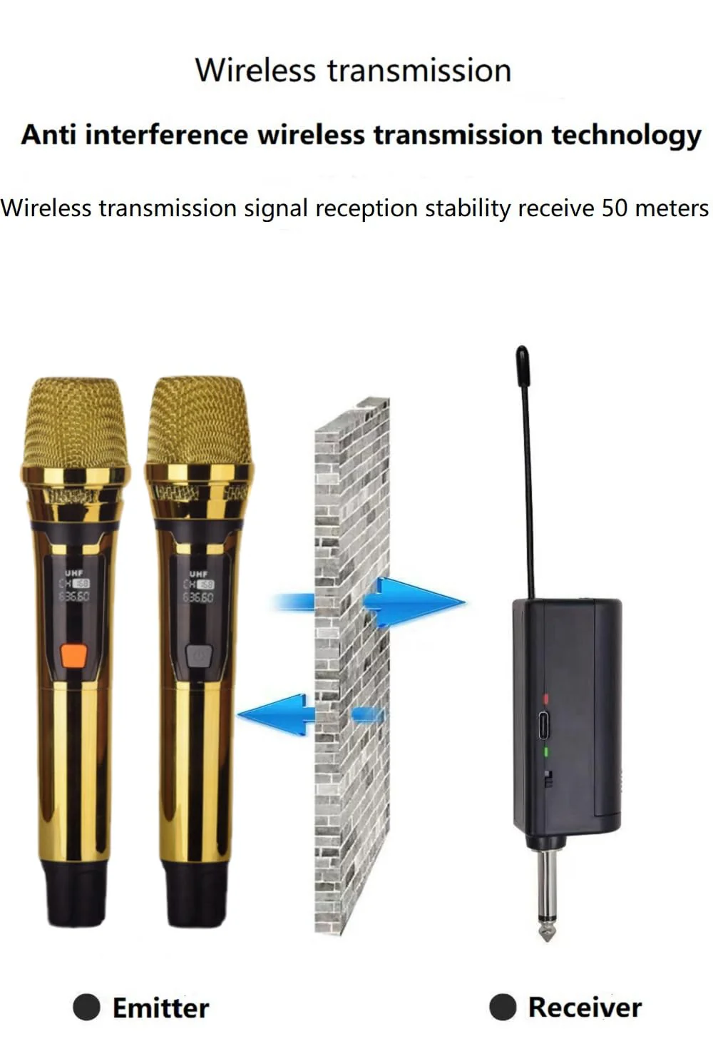 Handheld Wireless Microphone, Rechargeable UHF Microphone, 200Ft, Plating Gold 2 MIC,Handheld Dynamic Wireless Mic for Large Stage Singing Karaoke Wedding DJ Party Speech Church Class Use PA System Golden 2-Mic - Image 6