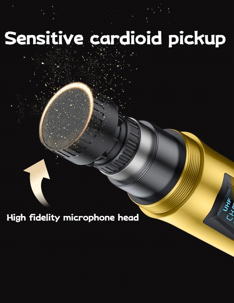 Handheld Wireless Microphone, Rechargeable UHF Microphone, 200Ft, Plating Gold 2 MIC,Handheld Dynamic Wireless Mic for Large Stage Singing Karaoke Wedding DJ Party Speech Church Class Use PA System Golden 2-Mic - Image 7