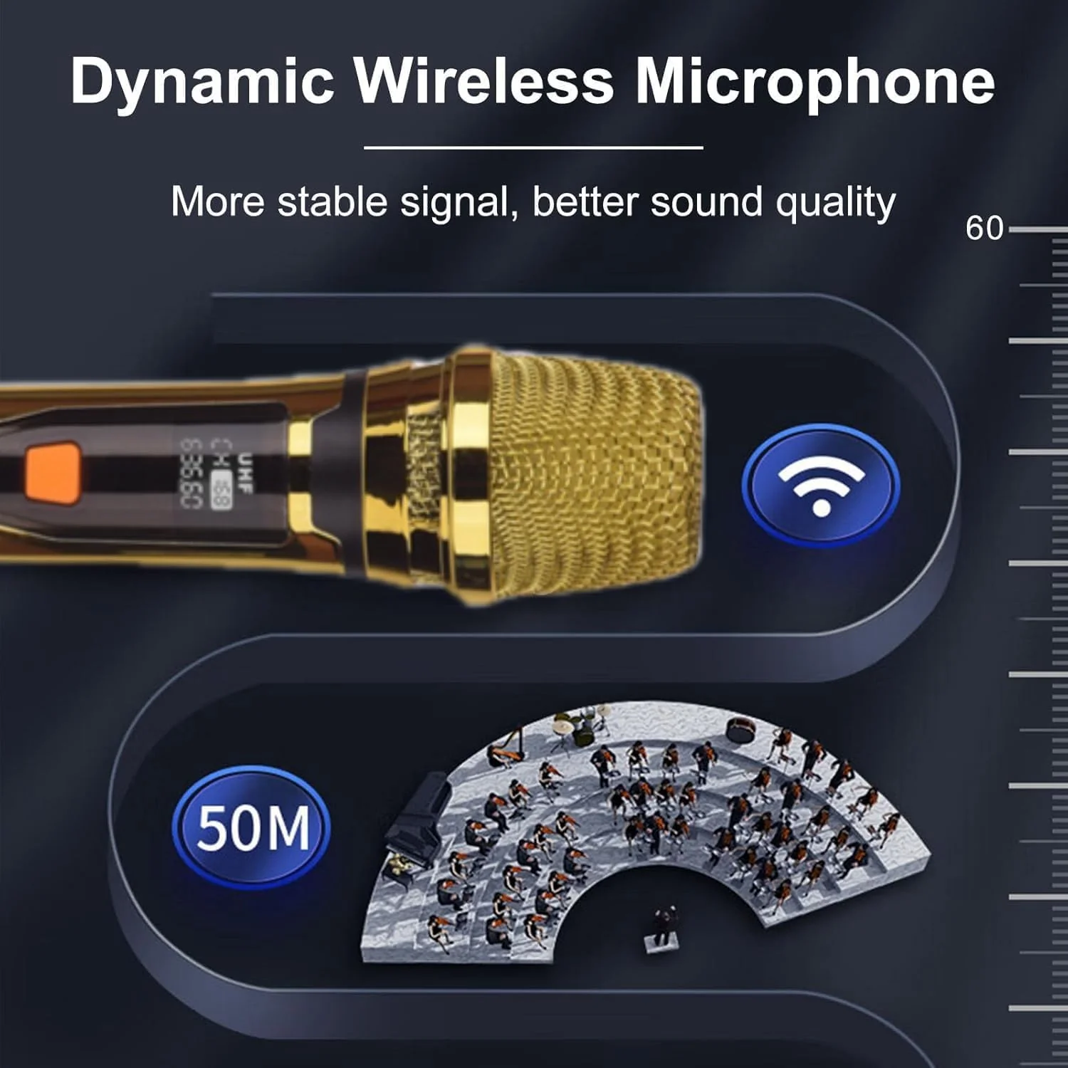 Handheld Wireless Microphone, Rechargeable UHF Microphone, 200Ft, Plating Gold 2 MIC,Handheld Dynamic Wireless Mic for Large Stage Singing Karaoke Wedding DJ Party Speech Church Class Use PA System Golden 2-Mic - Image 8