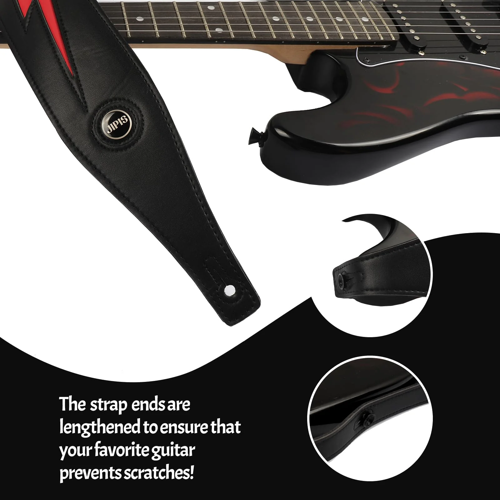 Handmade Retro Embossed Guitar Strap Super Soft Cowhide Leather Belt for Electric Acoustic Guitar Bass Guitarra Gig Jipis-black Red Lighting - Image 2