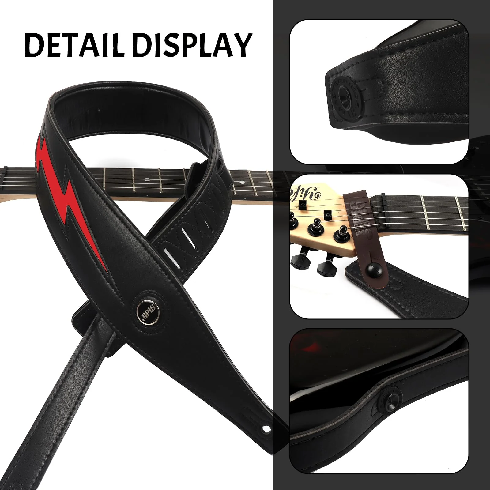 Handmade Retro Embossed Guitar Strap Super Soft Cowhide Leather Belt for Electric Acoustic Guitar Bass Guitarra Gig Jipis-black Red Lighting - Image 3