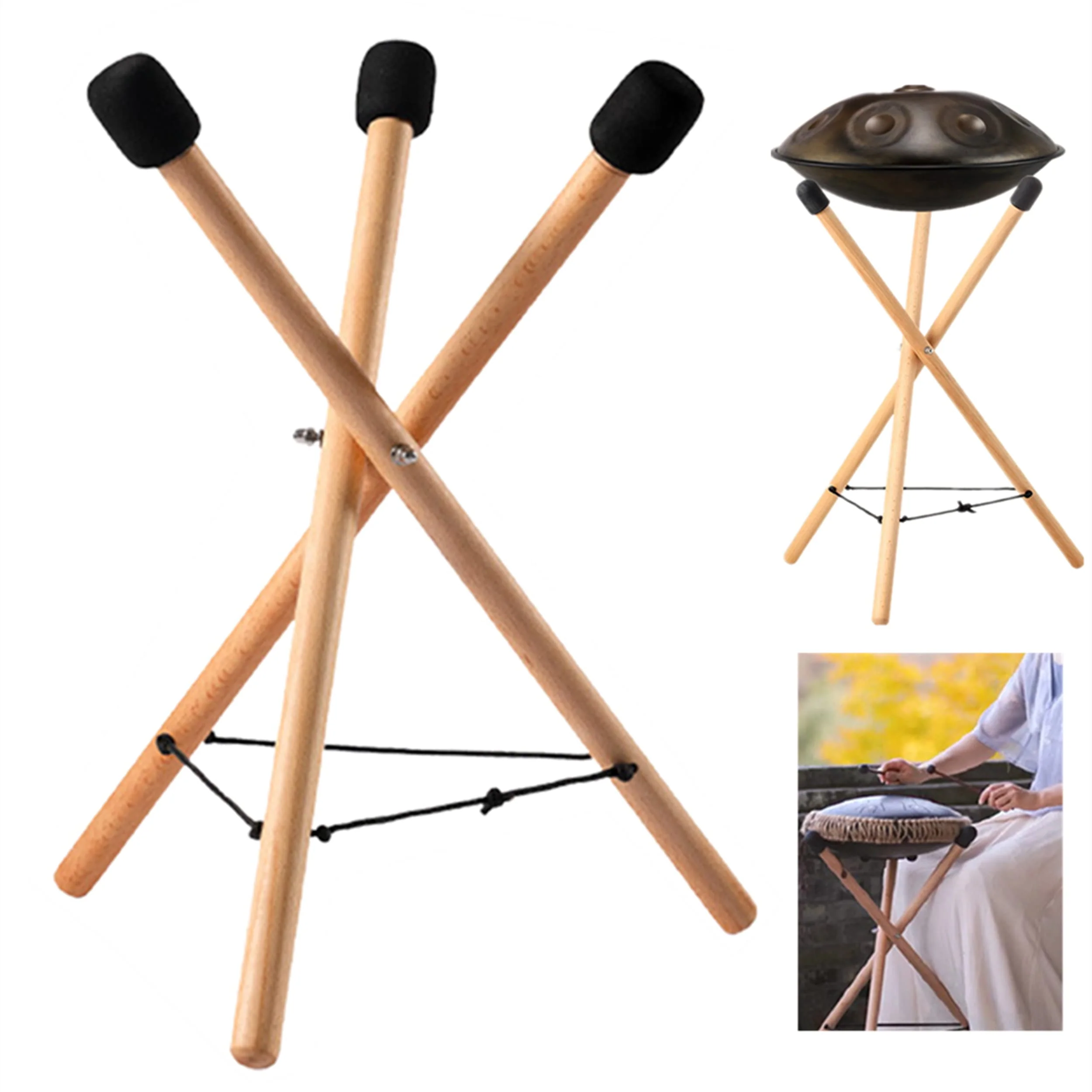 Handpan Drum Stand, Steel Tongue Drum Bracket, Solid Beech Wood Adjustable Tripod Structure Drum Holder, Snare Holder Bracket for 12 to 22 Inch Percussion Instrument(Wood Color) wood color