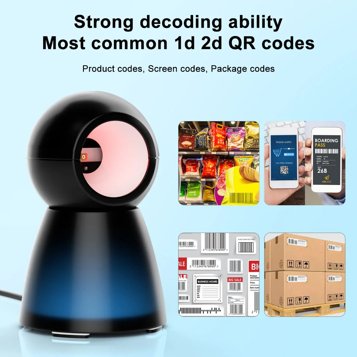 Handsfree 2D QR Barcode Scanner, TEEMI USB Wired Omnidirectional Desktop Bar Code Reader Scanner Screen Scanning CMOS Imager Presentation Bar Code Reader Compact Size, TMSL-73 black - Image 3