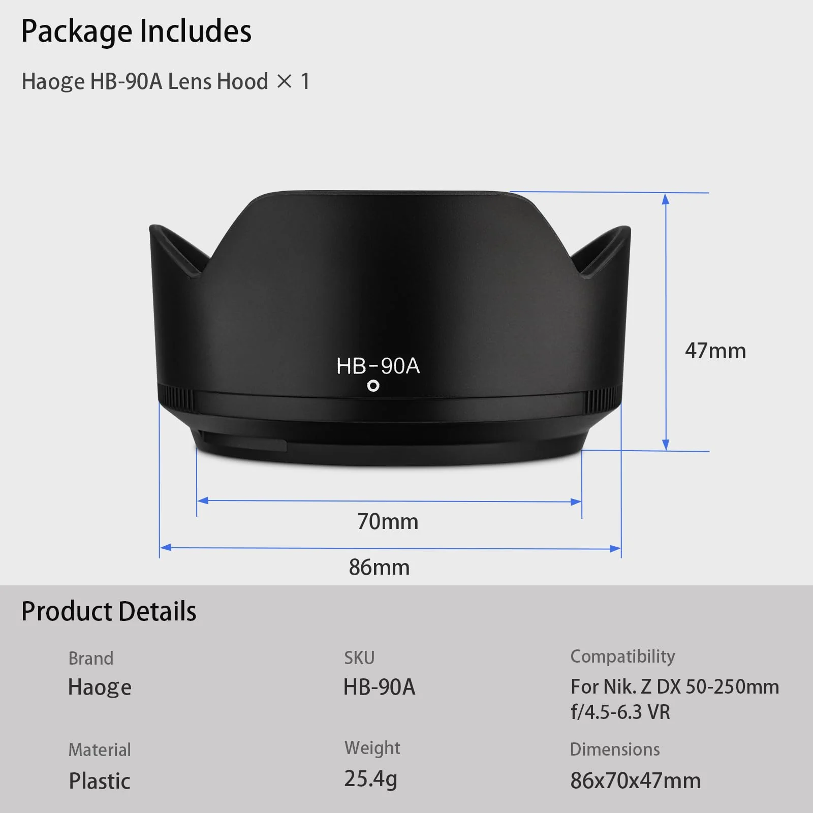 Haoge HB-90A Bayonet Lens Hood for Nikon Nikkor Z DX 50-250mm f/4.5-6.3 VR Lens Replaces Nikon HB90A - Image 5