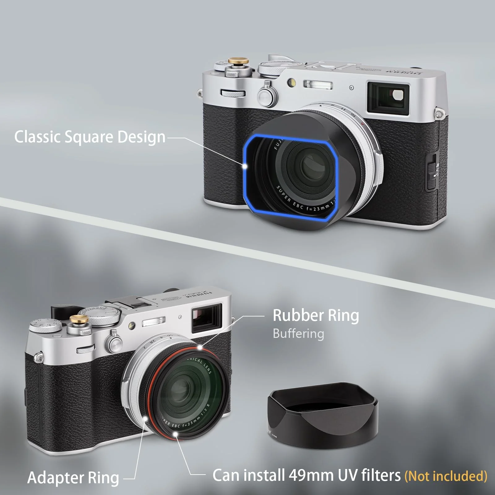 Haoge LH-X54B Square Metal Lens Hood with 49mm Adapter Ring for Fujifilm X100VI Fuji X100V Camera Black - Image 6