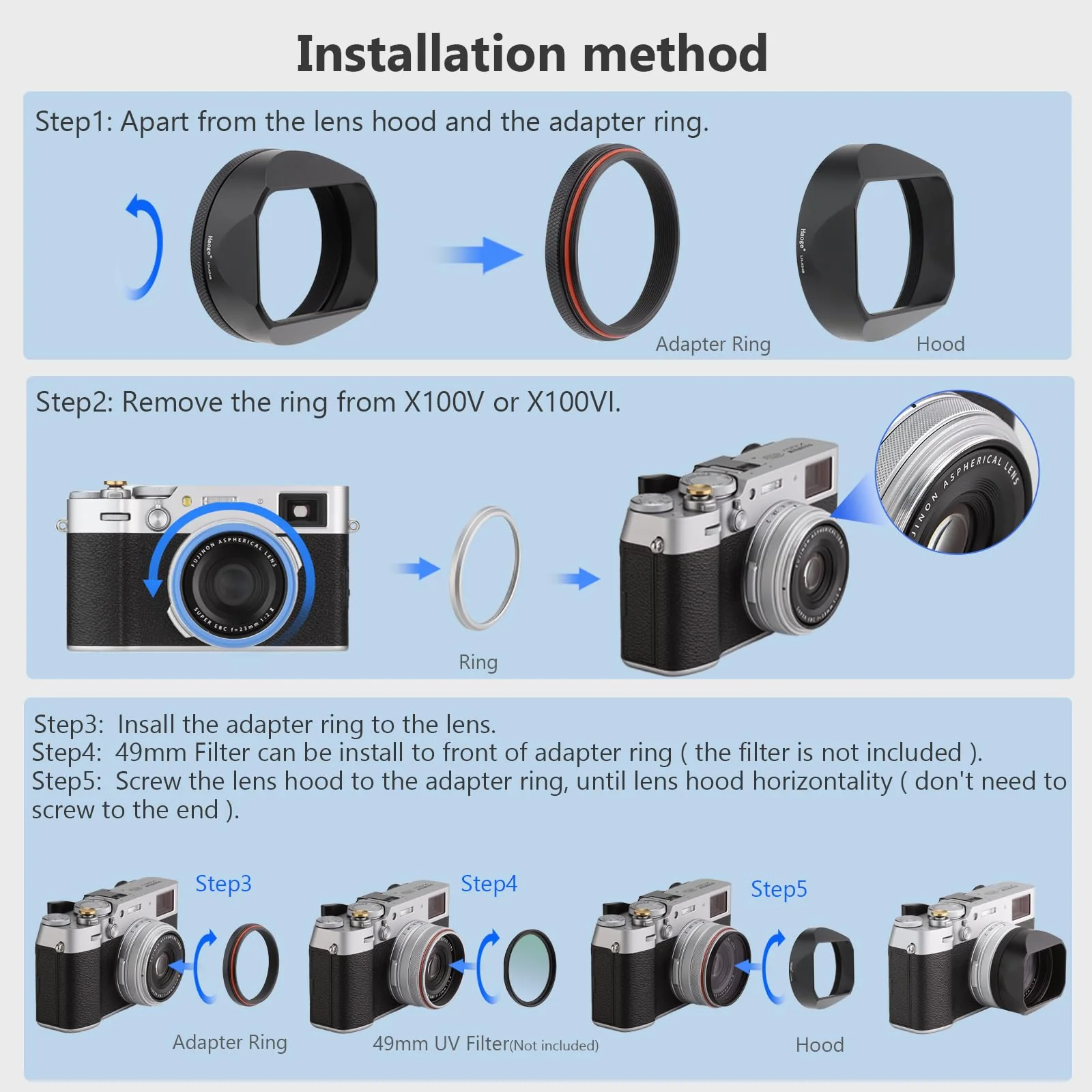 Haoge LH-X54B Square Metal Lens Hood with 49mm Adapter Ring for Fujifilm X100VI Fuji X100V Camera Black - Image 8